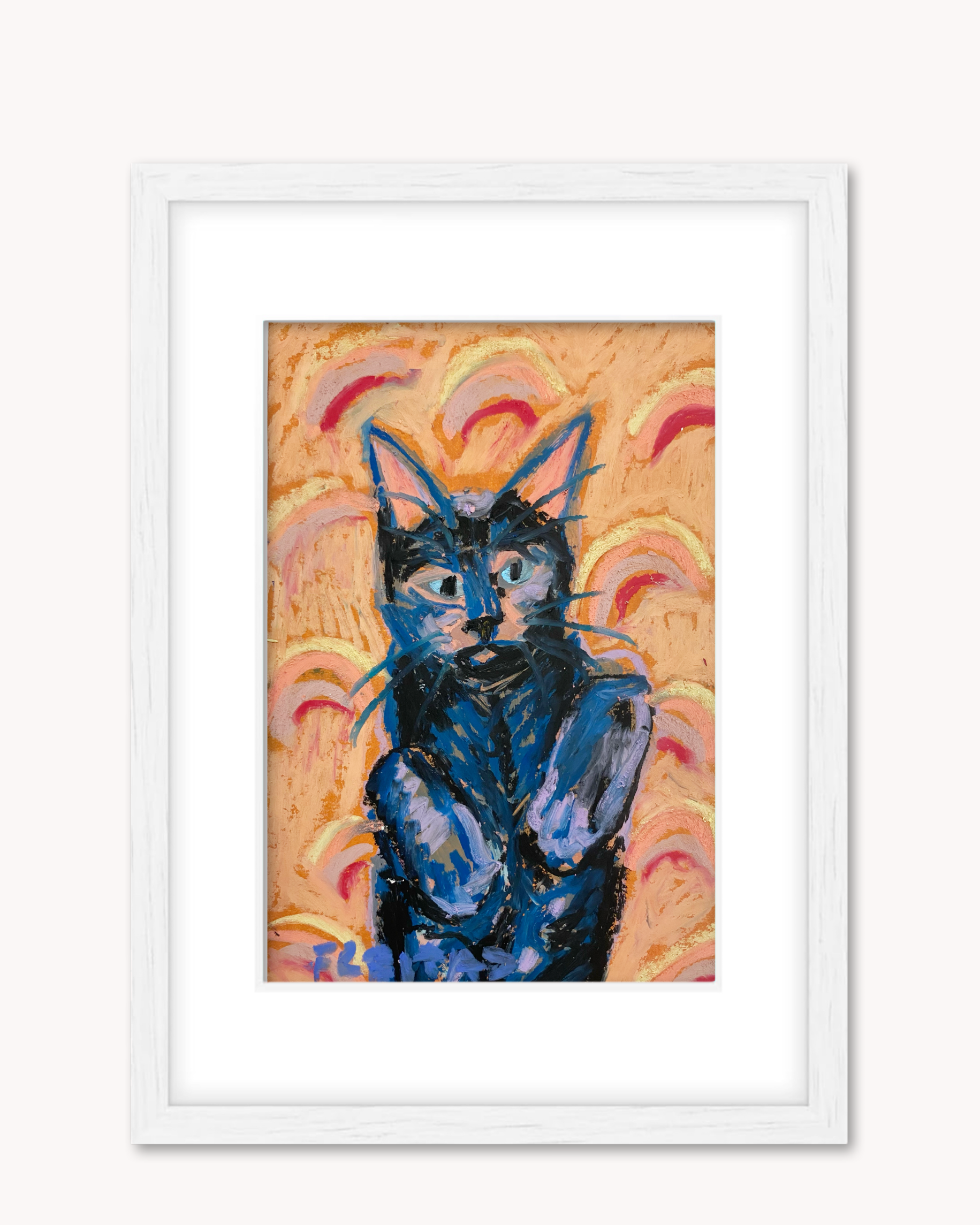 Rainbow Werewolf Cat ( Framed Original Oil Pastel Art )
