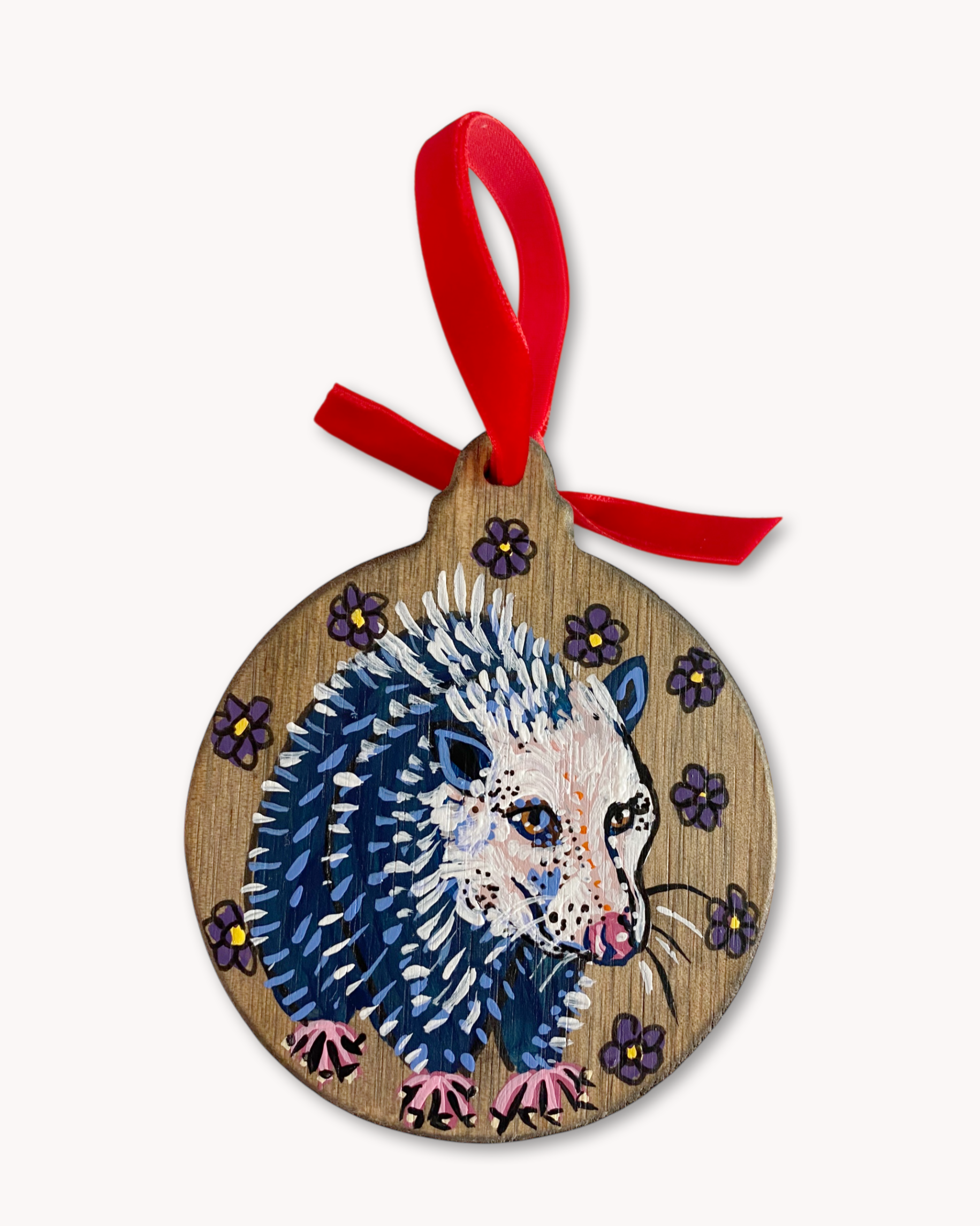 Purple Flower Opossum Hand Painted Ornament
