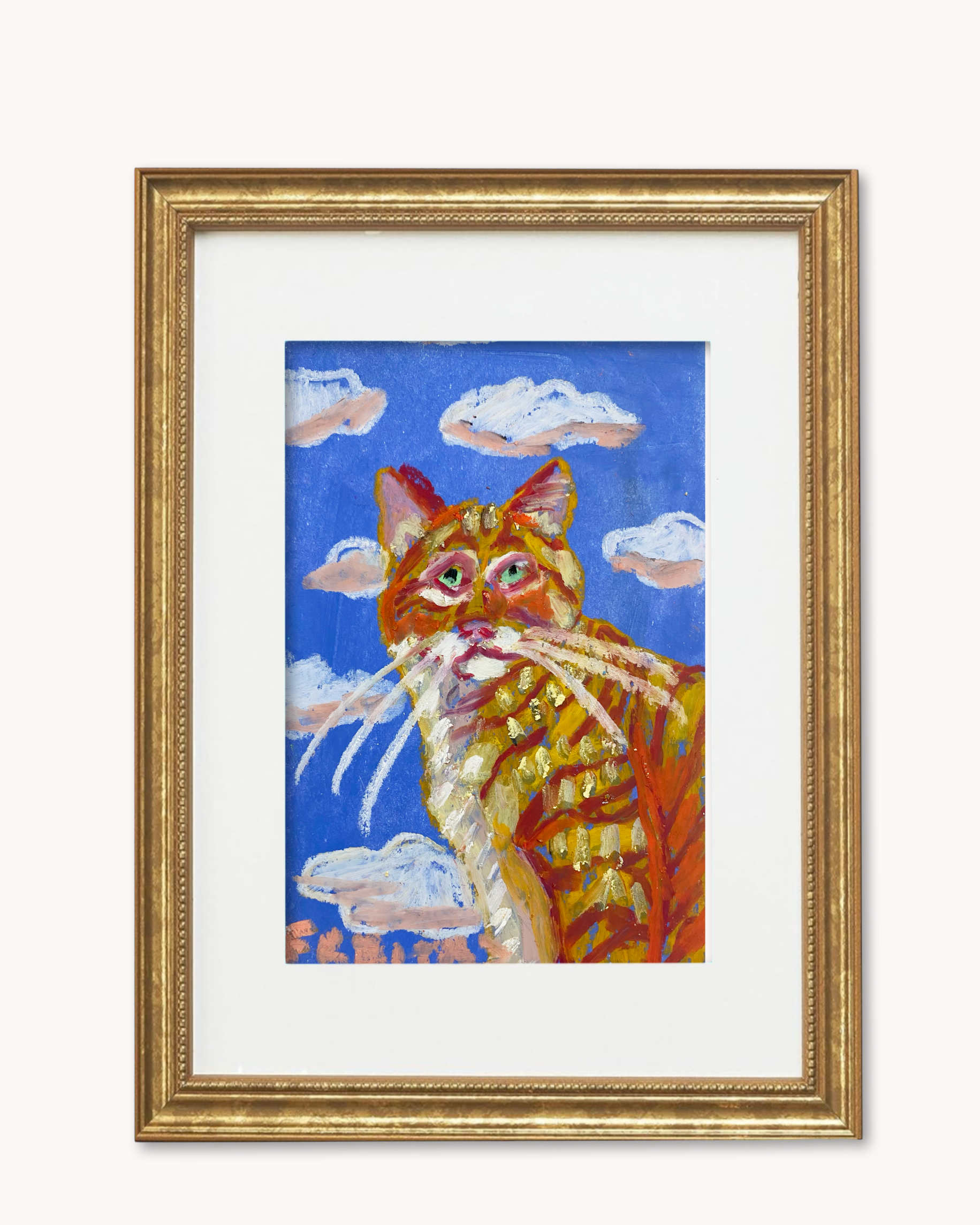 Orange Tabby In The Clouds ( Framed Original Oil Pastel Art )