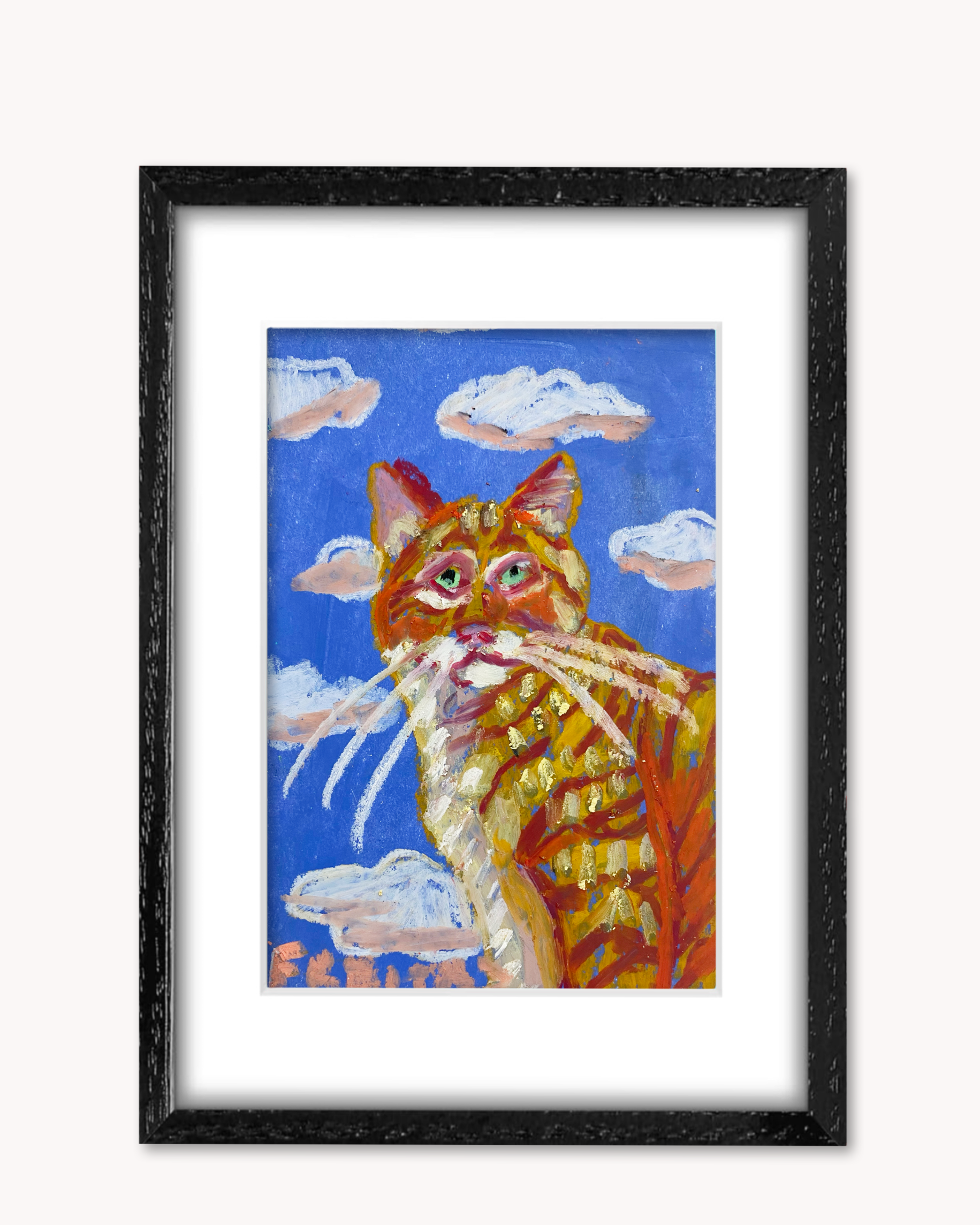 Orange Tabby In The Clouds ( Framed Original Oil Pastel Art )