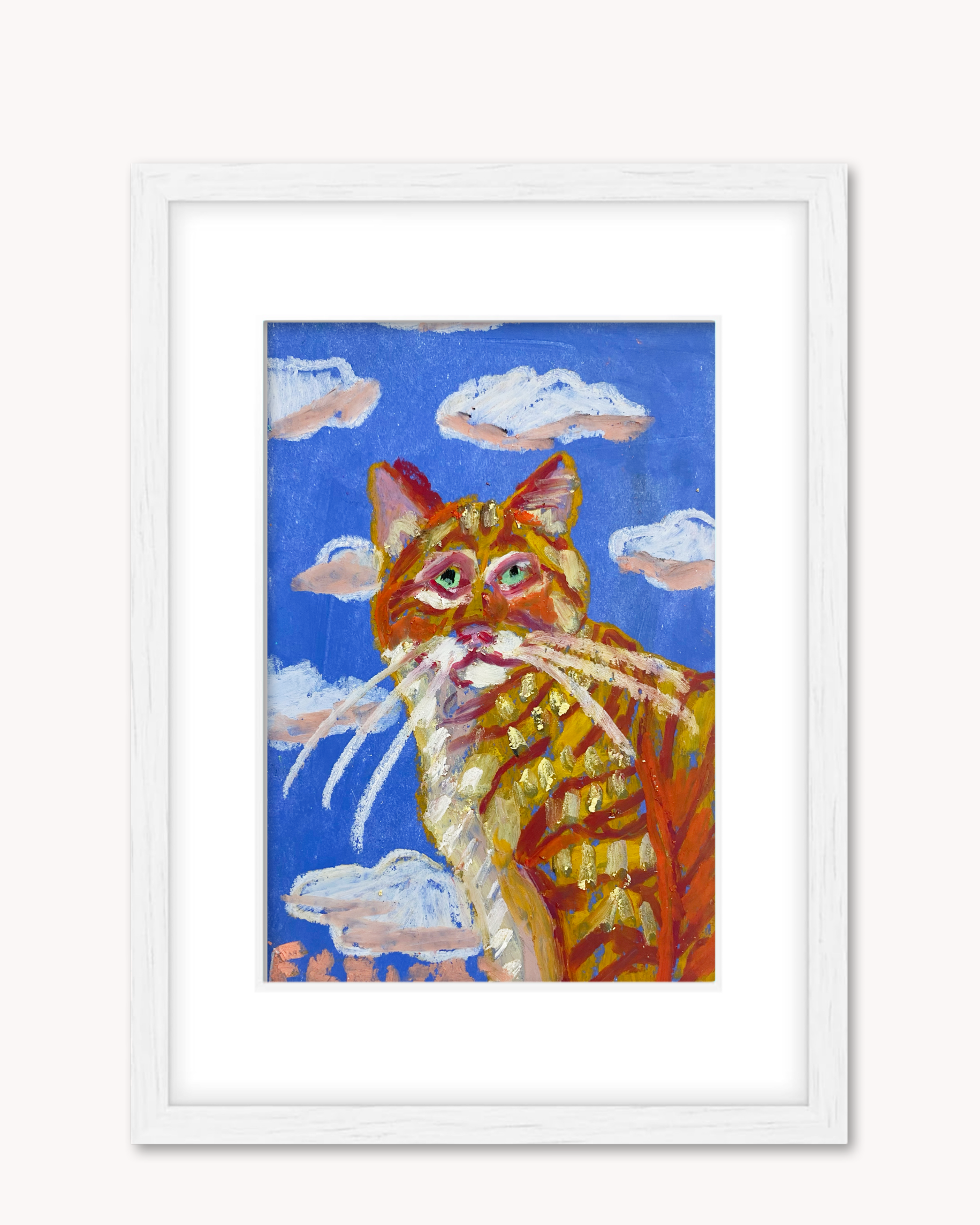 Orange Tabby In The Clouds ( Framed Original Oil Pastel Art )