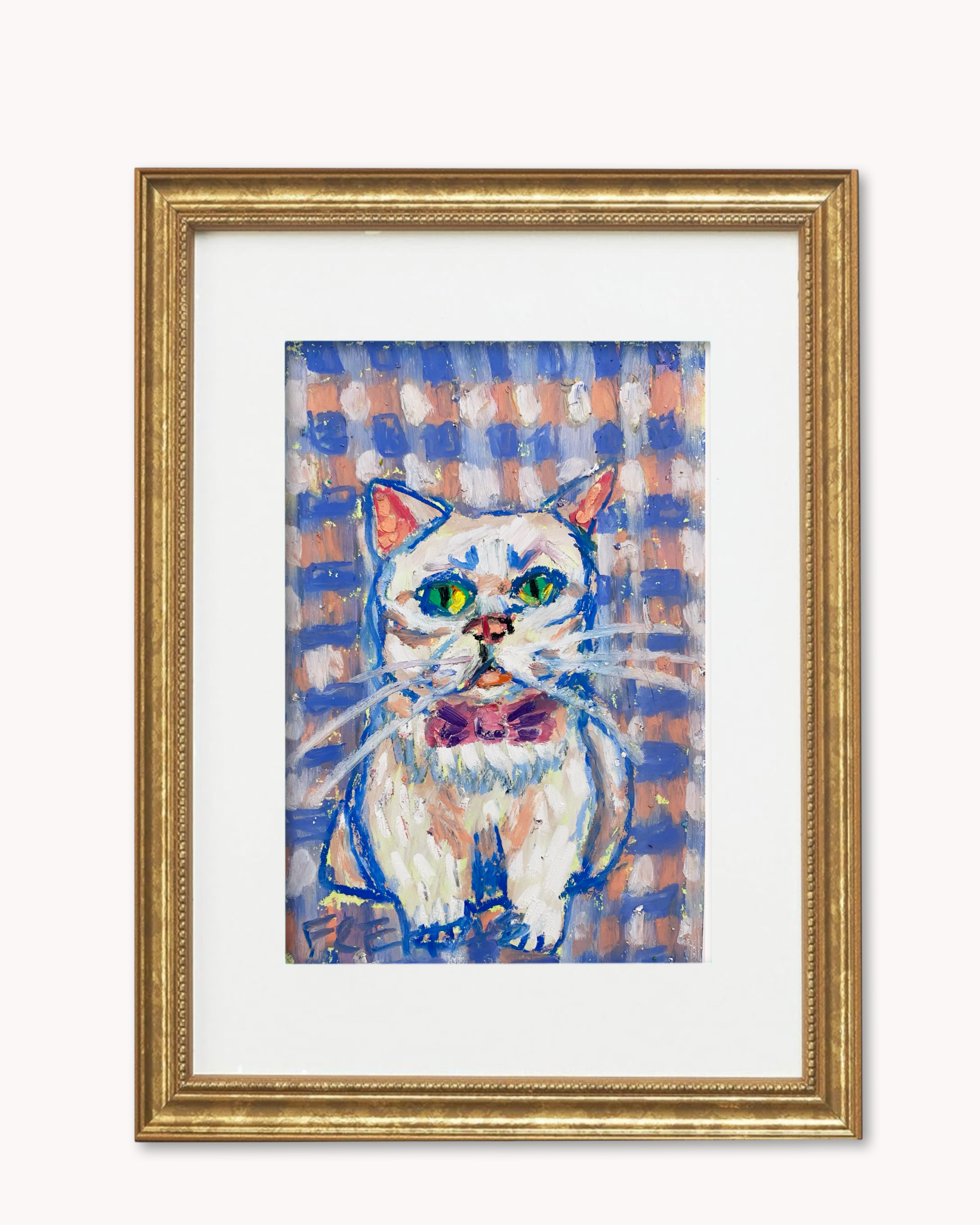 Chubby Plaid Cat ( Framed Original Oil Pastel Art )