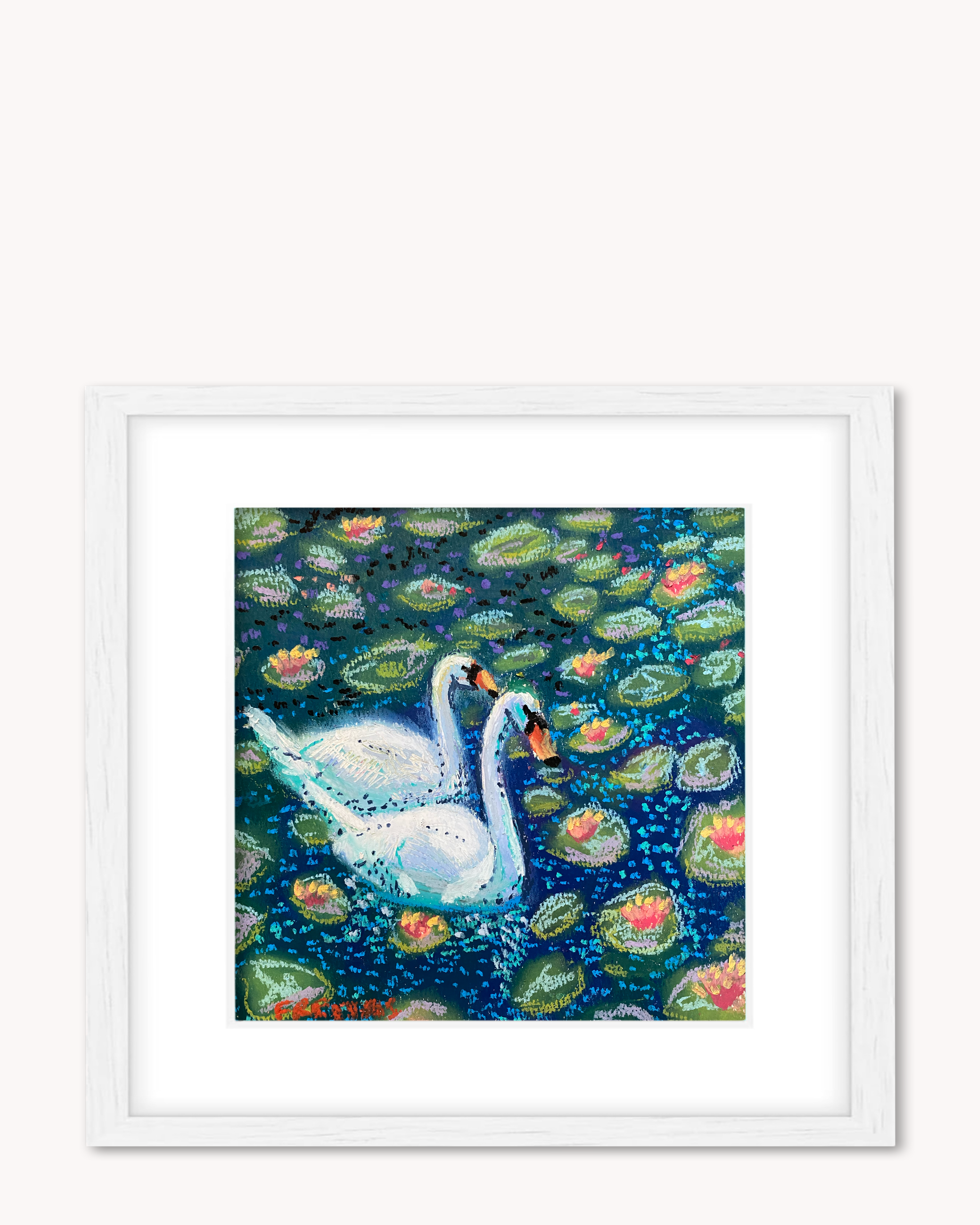 Two Swans ( Framed Original Oil Pastel Art )