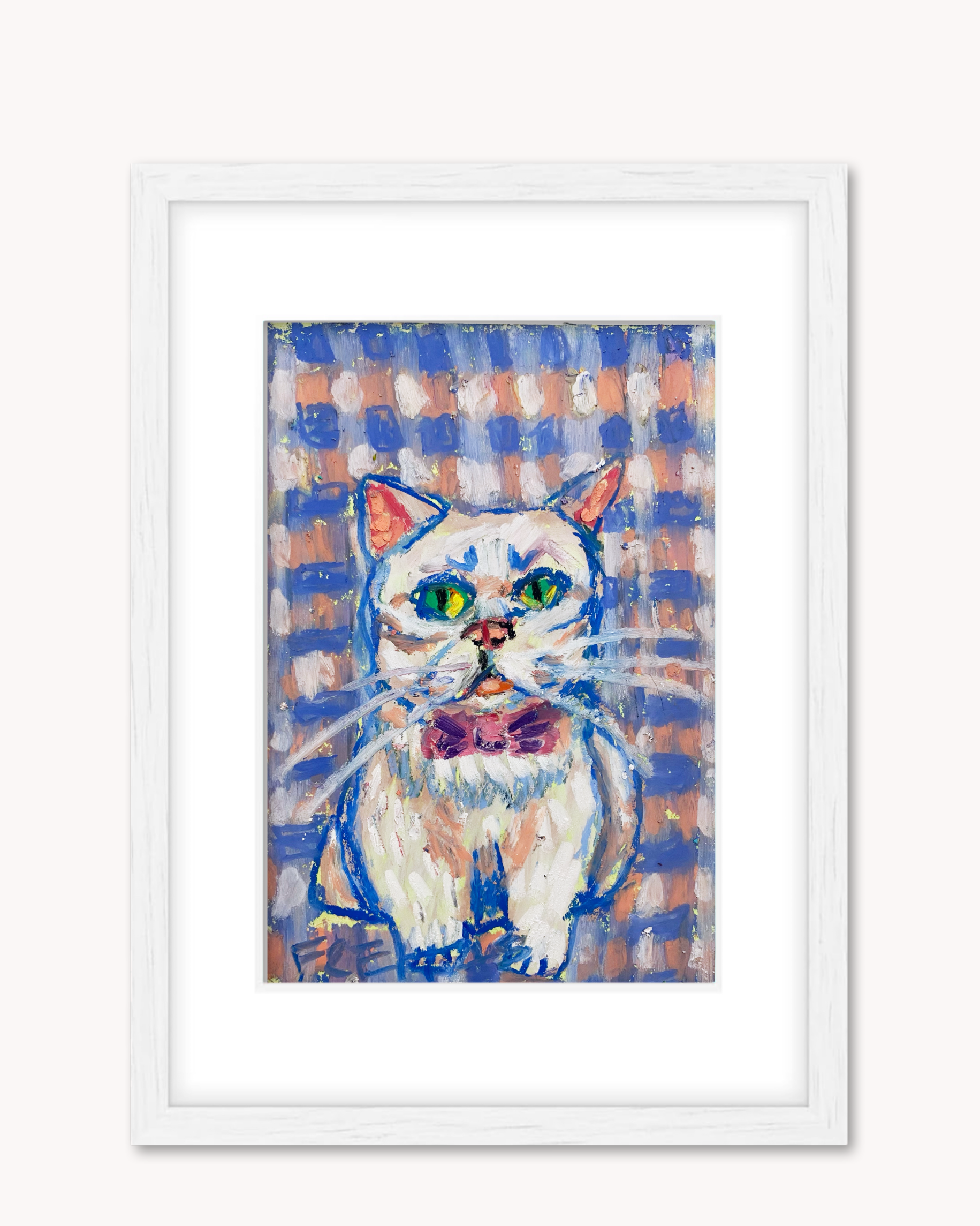 Chubby Plaid Cat ( Framed Original Oil Pastel Art )