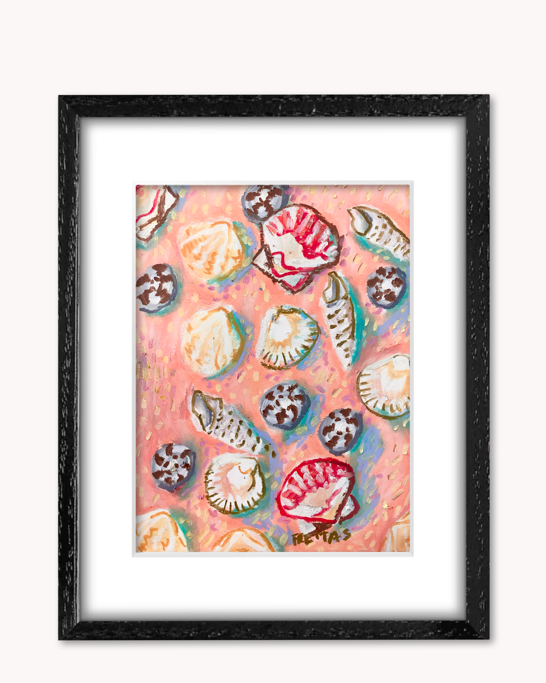 Pink Shells ( Framed Original Oil Pastel Art )