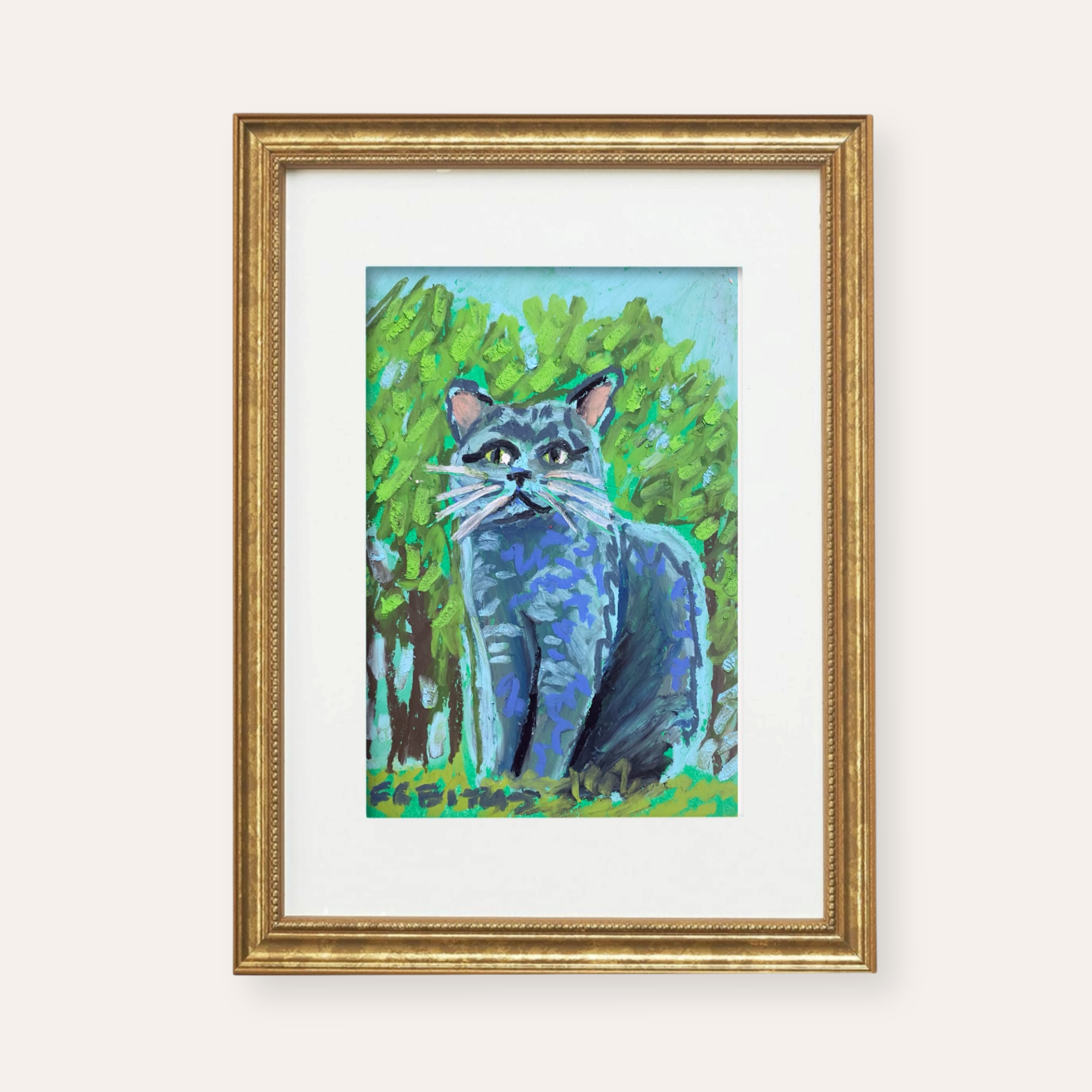 Russian Blue Cat ( Framed Original Oil Pastel Art )