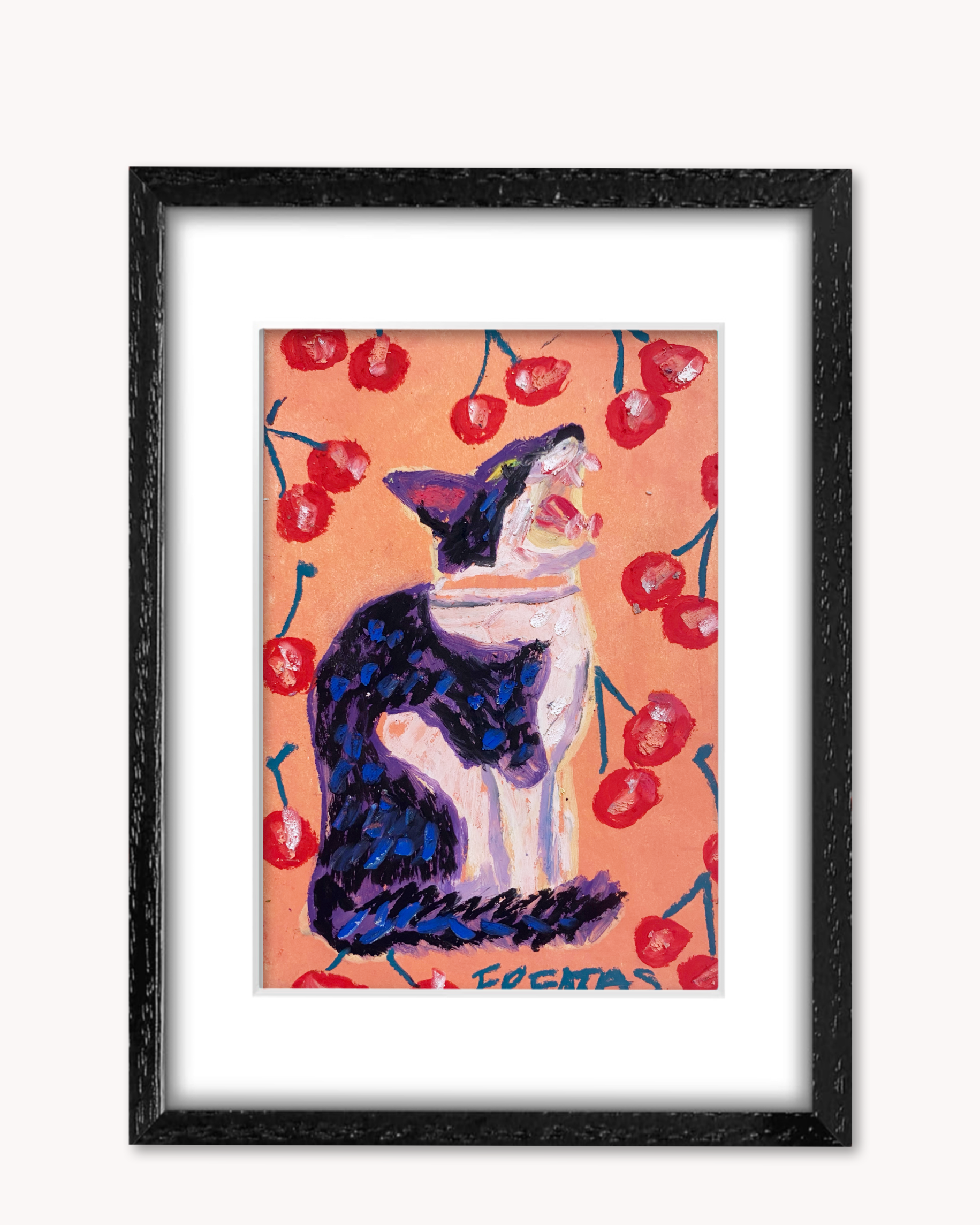 Cherry Bomb Cat ( Framed Original Oil Pastel Art )