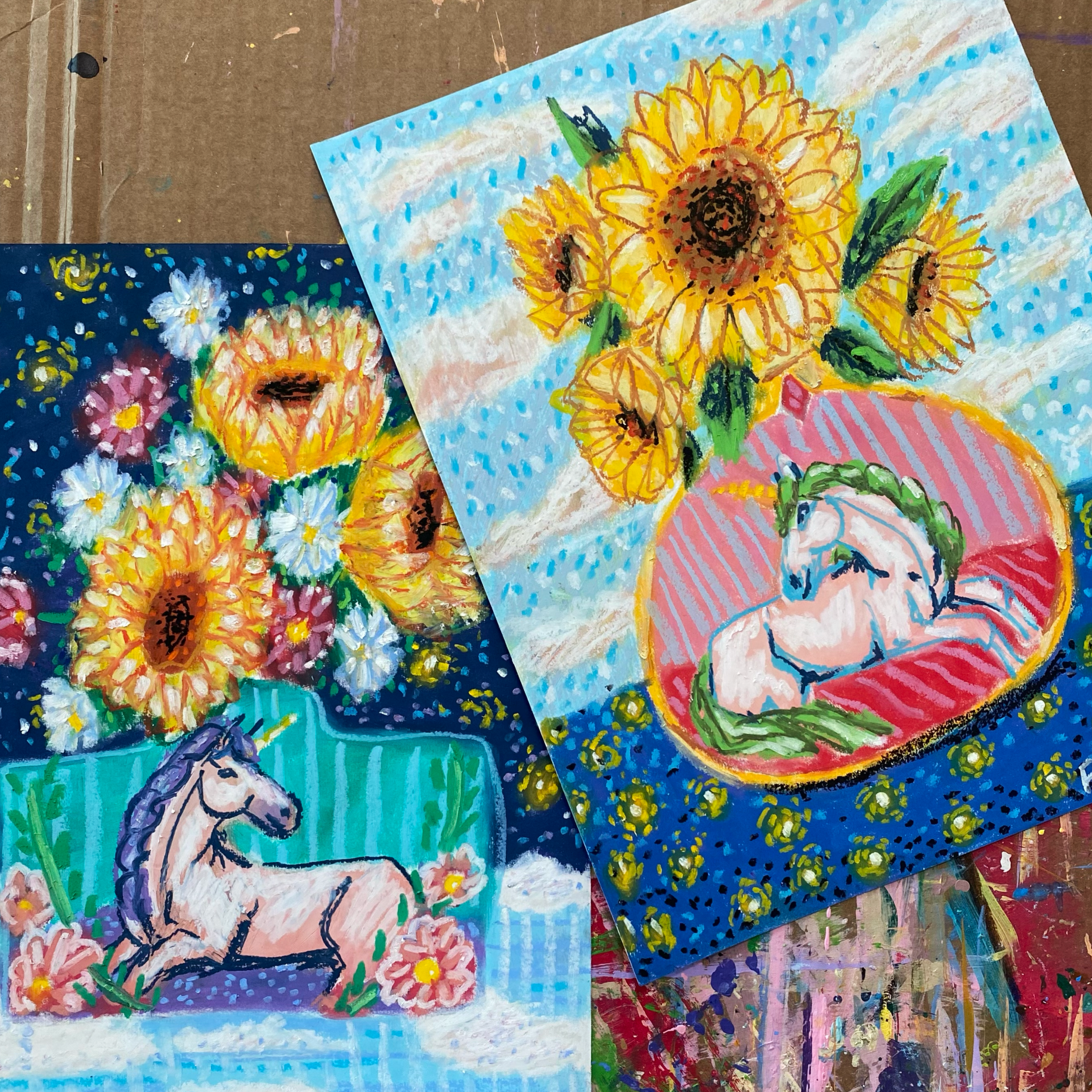 Daylight To Dusk Unicorn Vase ( Framed Original Oil Pastel Art )