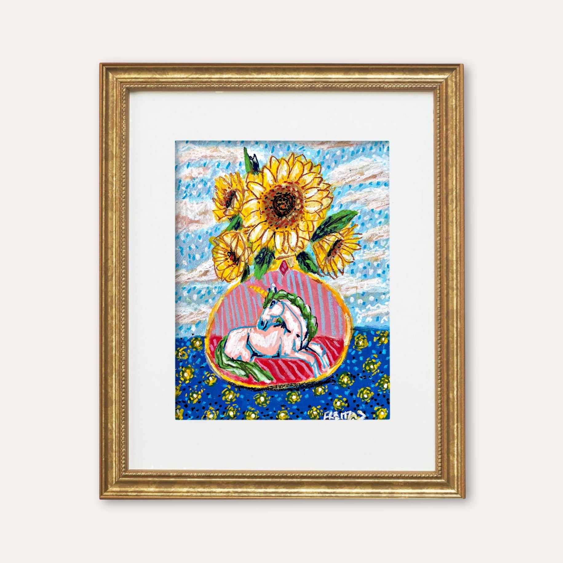 Daylight To Dusk Unicorn Vase ( Framed Original Oil Pastel Art )