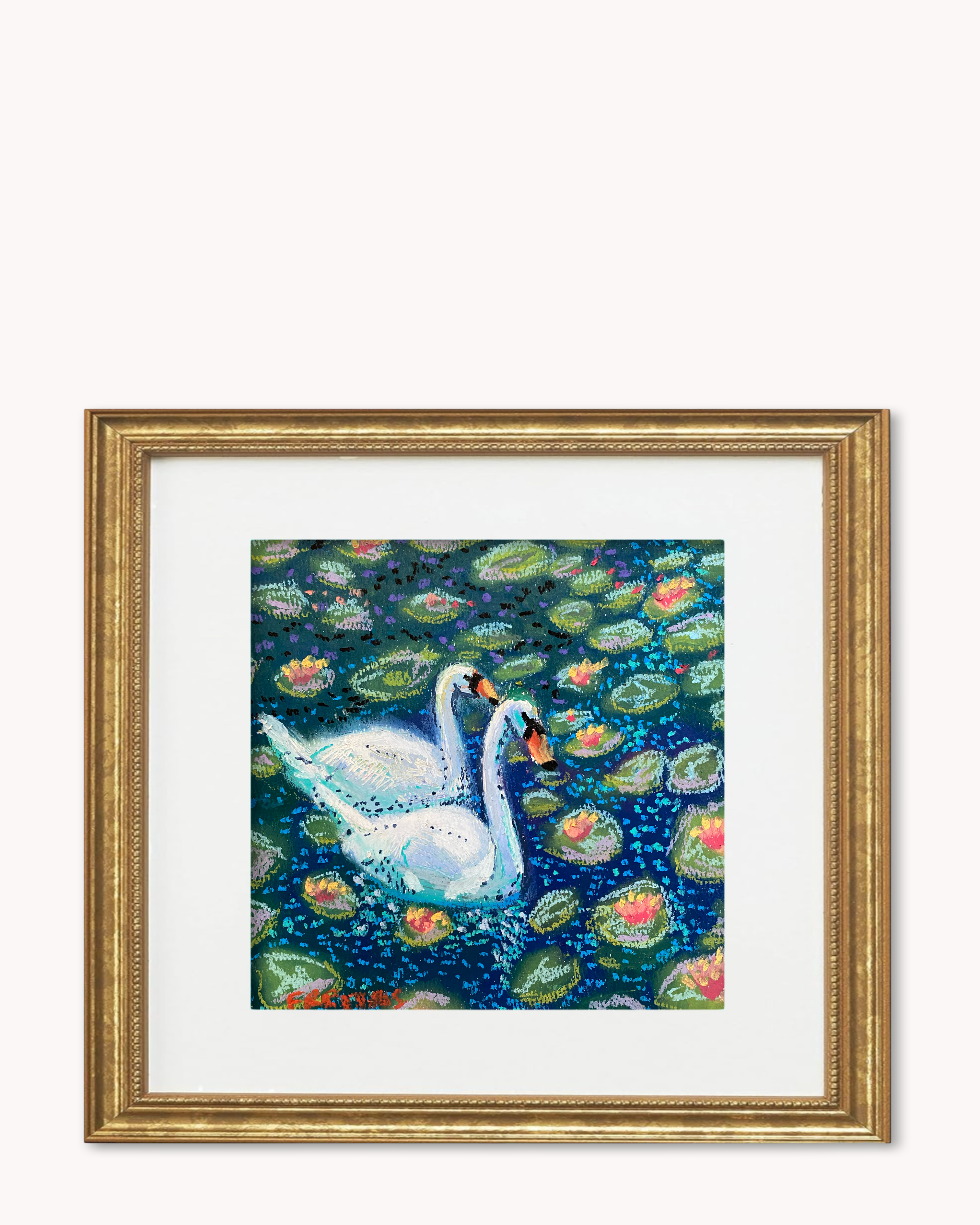 Two Swans ( Framed Original Oil Pastel Art )