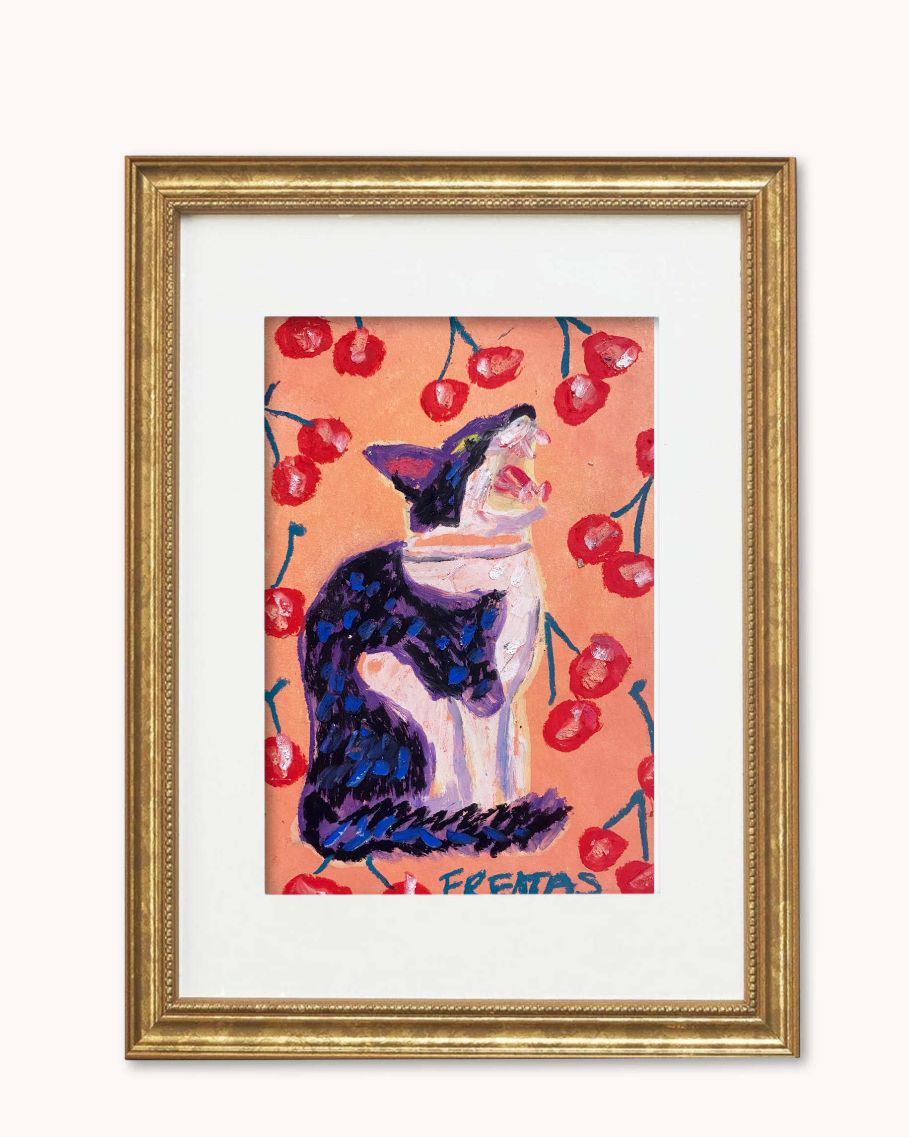 Cherry Bomb Cat ( Framed Original Oil Pastel Art )