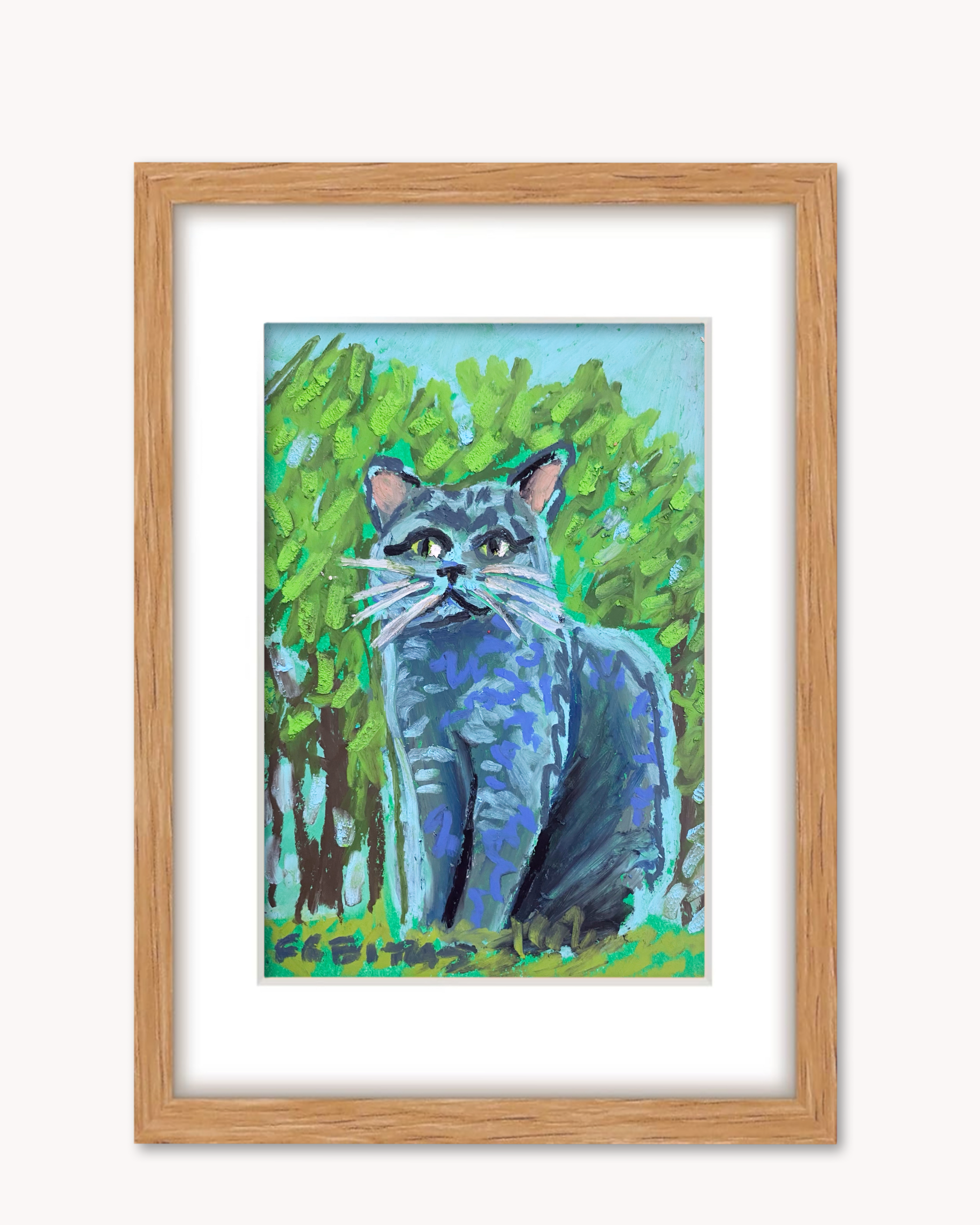 Russian Blue Cat ( Framed Original Oil Pastel Art )