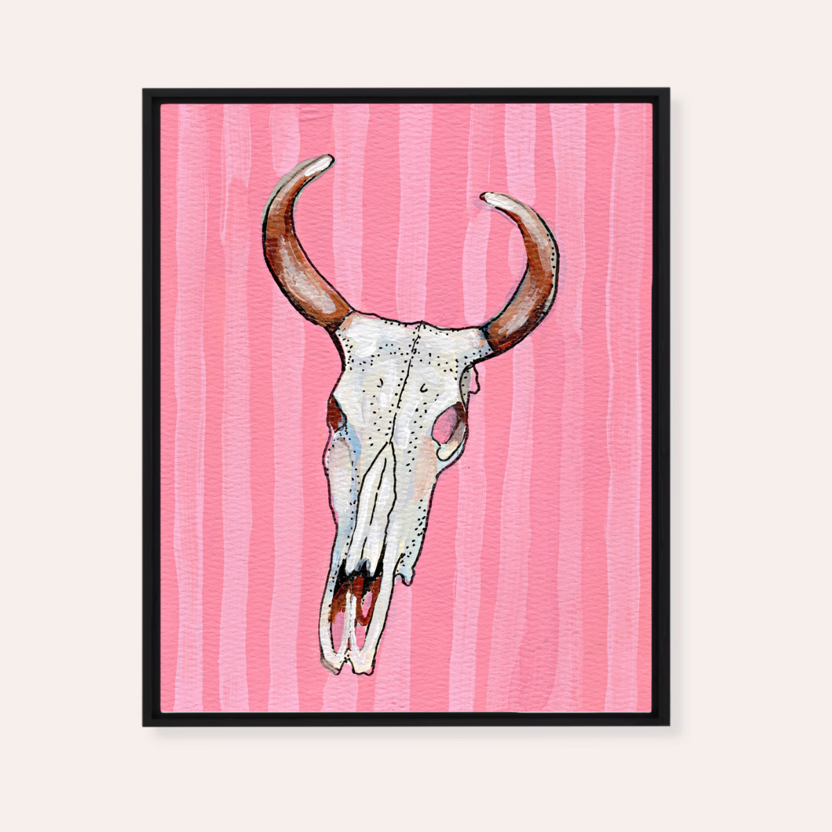 Pink Stripe Cow Skull Framed Fine Art Canvas Print