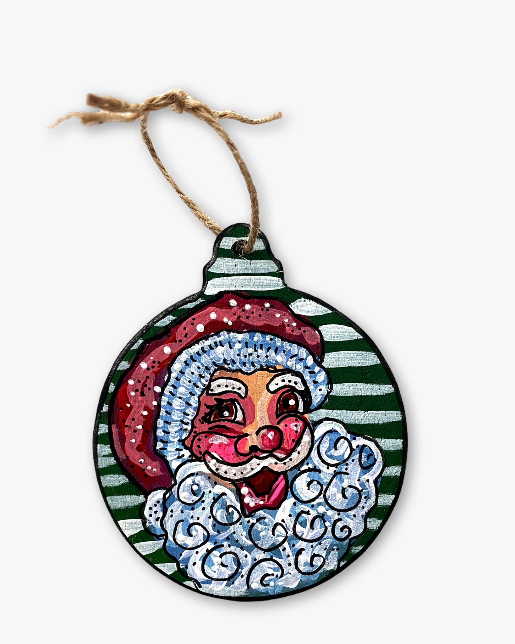 Green Santa Hand Painted Ornament - Heather Freitas - fine art home deccor