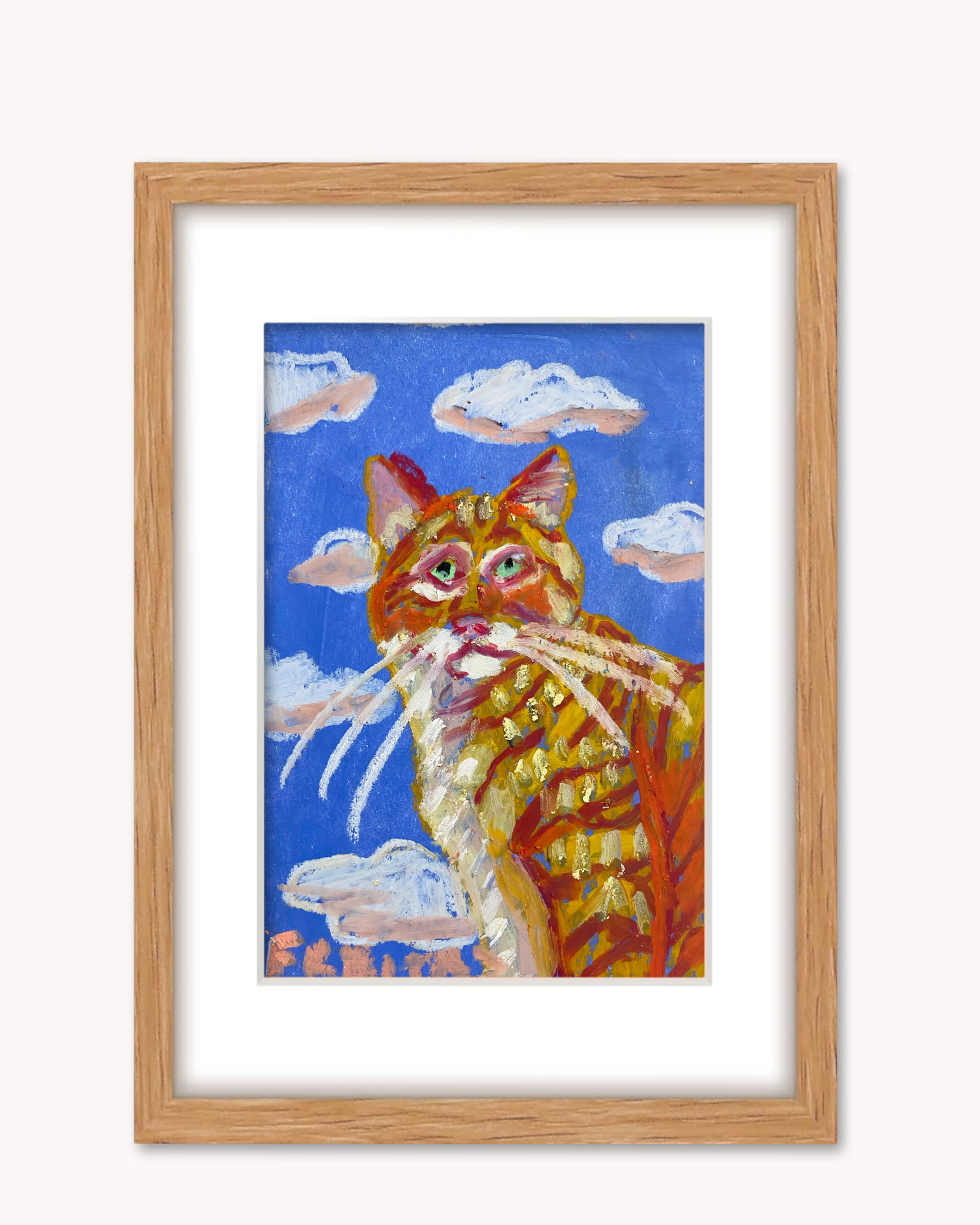 Orange Tabby In The Clouds ( Framed Original Oil Pastel Art )