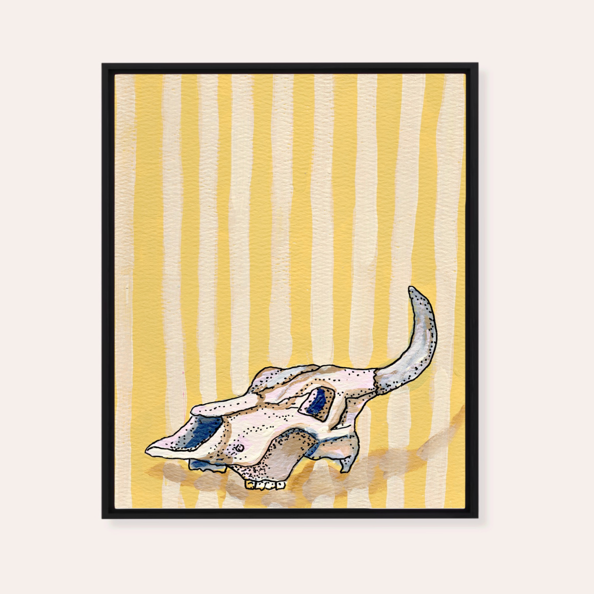 Yellow Stripe Cow Skull Framed Fine Art Canvas Print