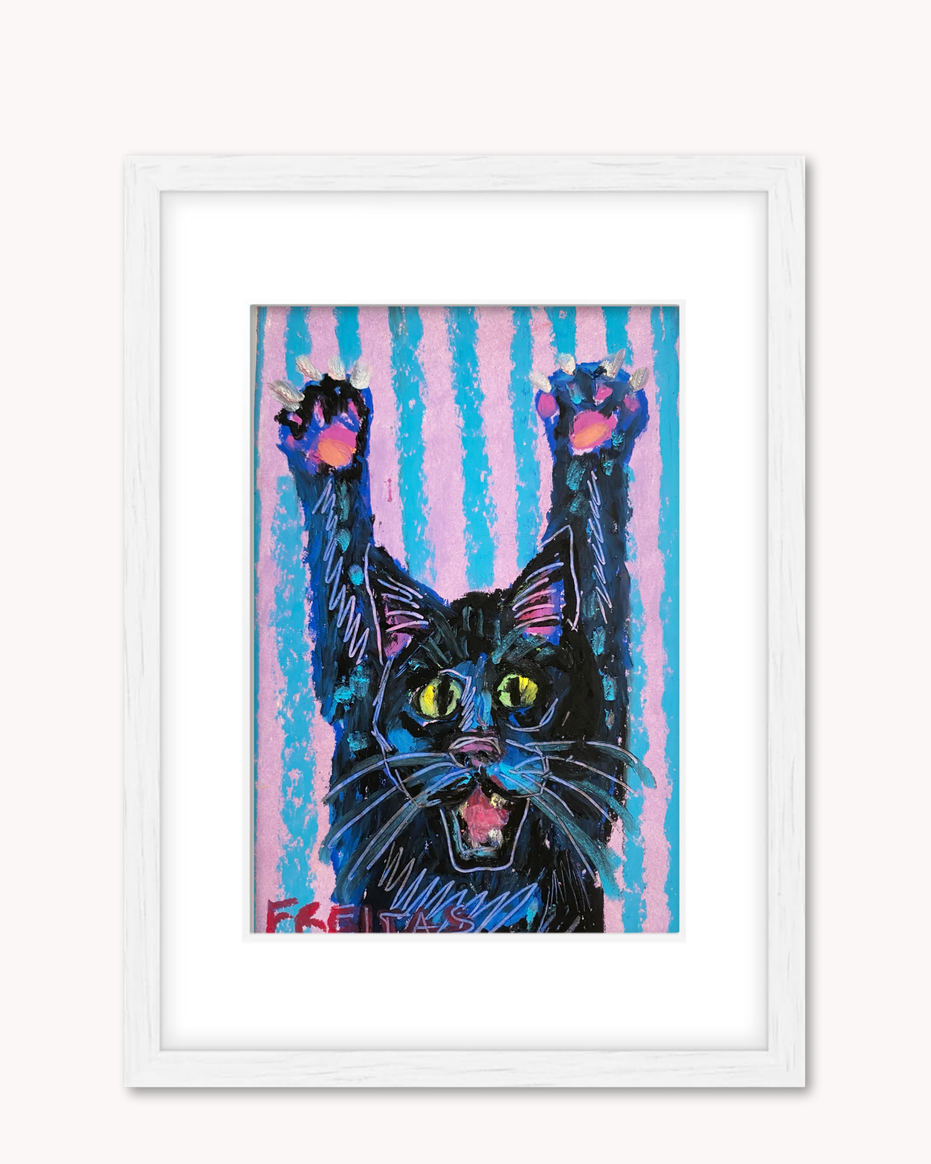 Black Cat Scratch ( Framed Original Oil Pastel Art )
