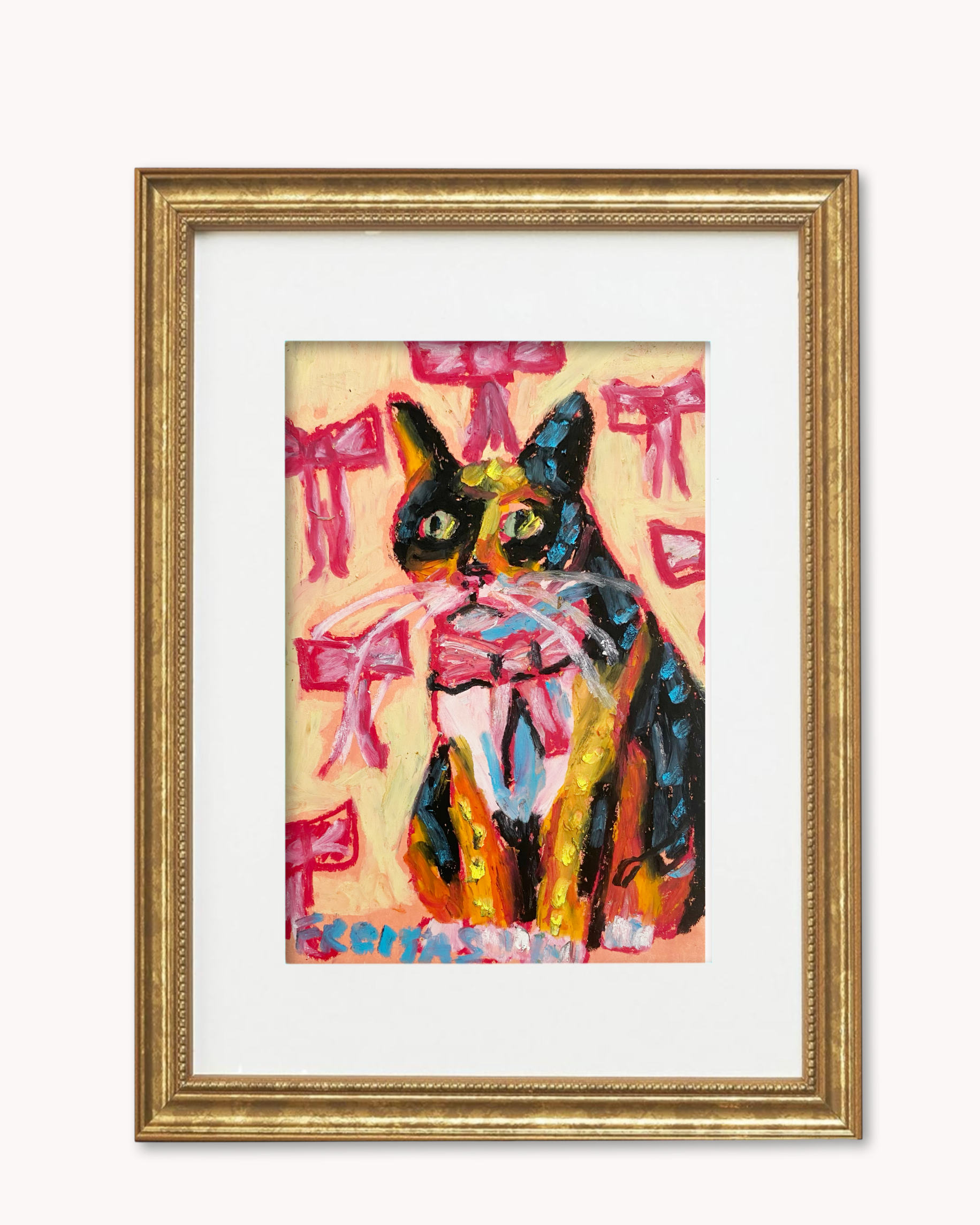 Calico Bow ( Framed Original Oil Pastel Art )
