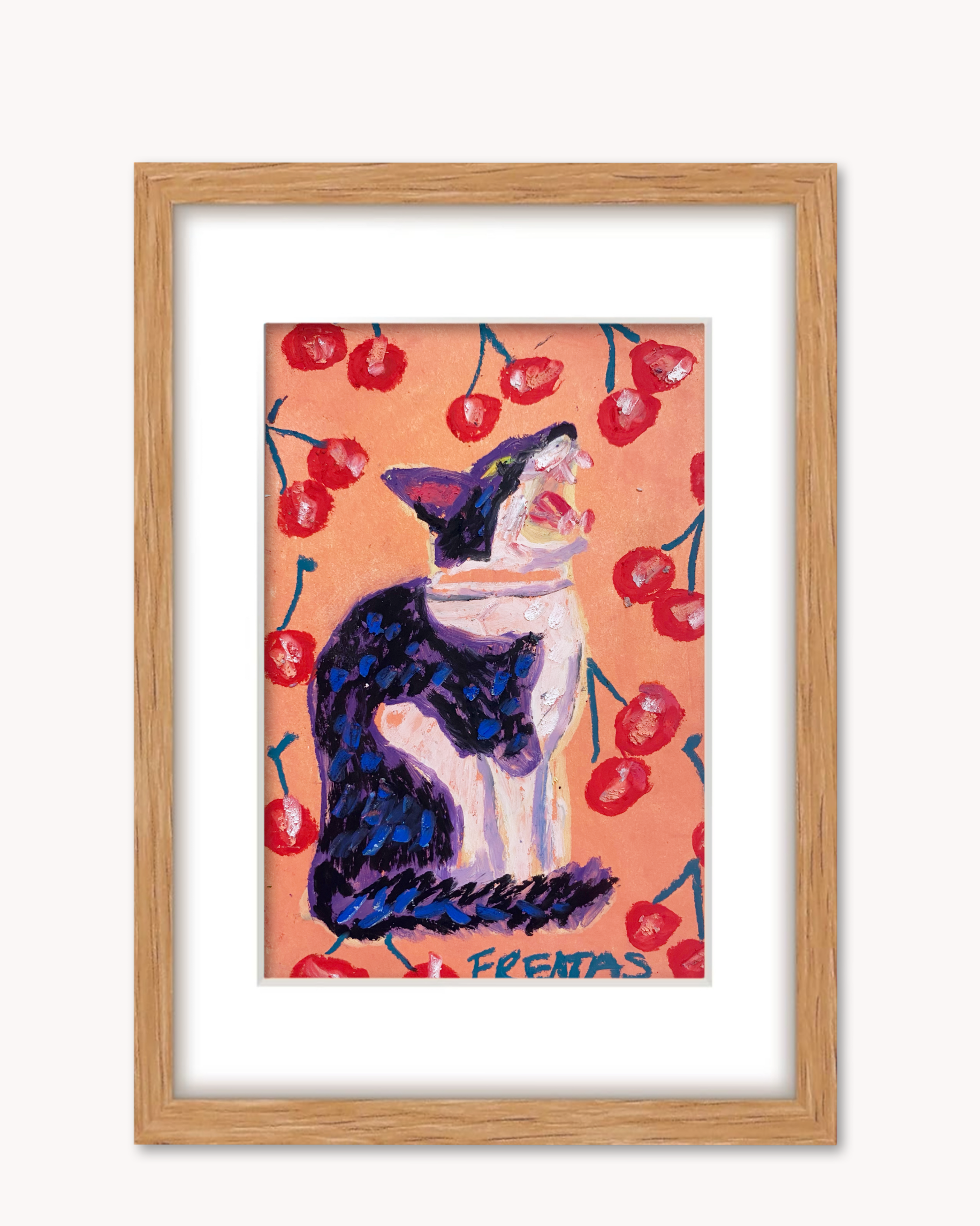 Cherry Bomb Cat ( Framed Original Oil Pastel Art )
