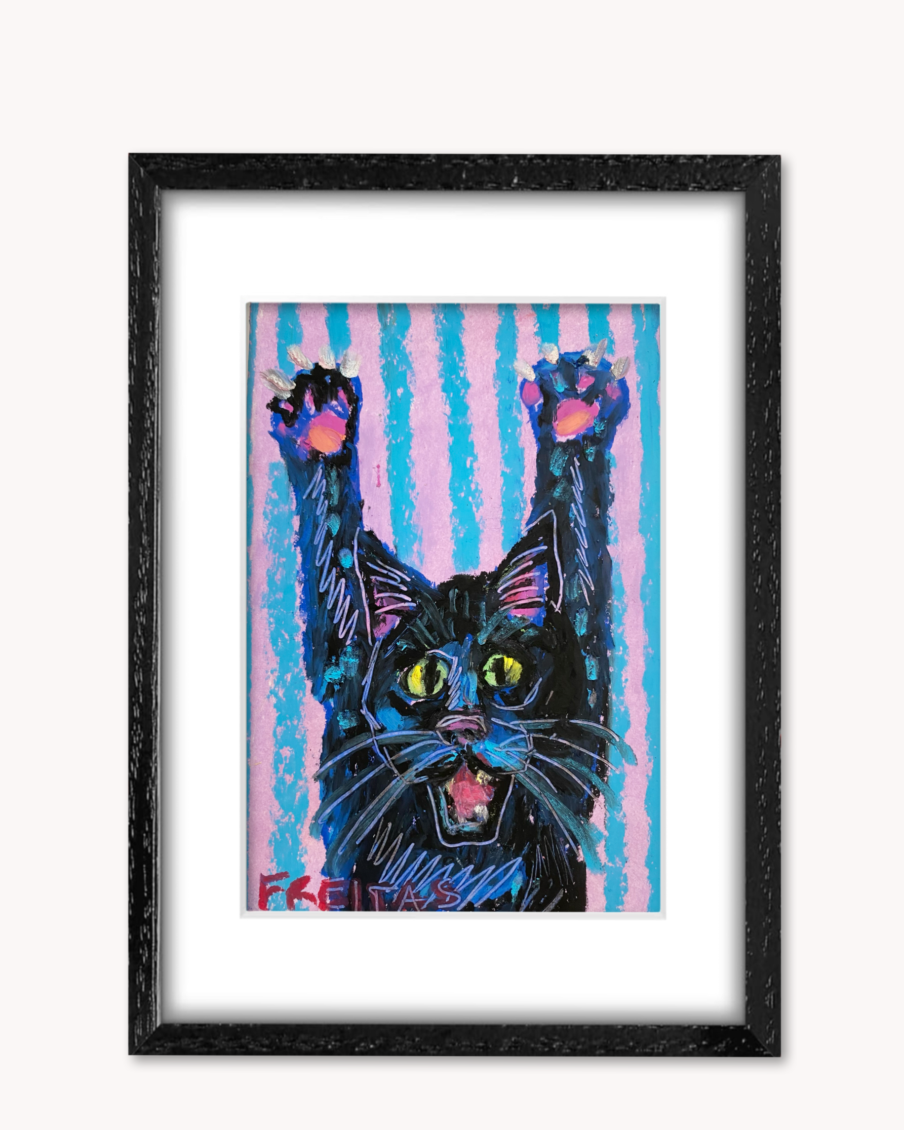 Black Cat Scratch ( Framed Original Oil Pastel Art )