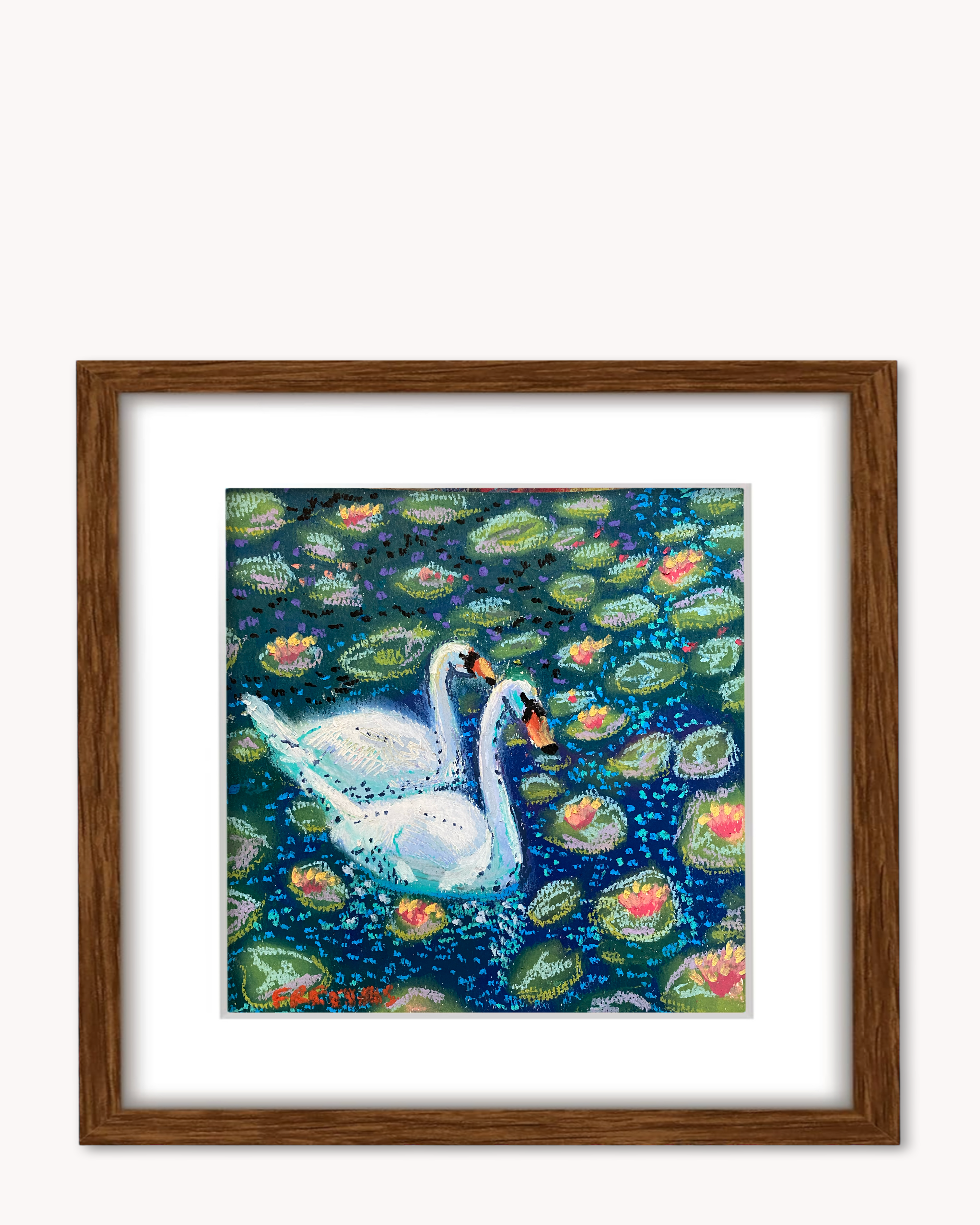 Two Swans ( Framed Original Oil Pastel Art )