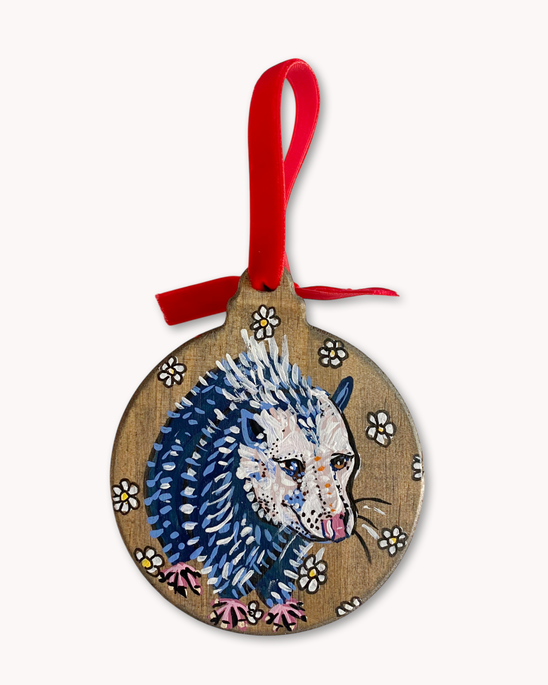 White Flower Opossum Hand Painted Ornament