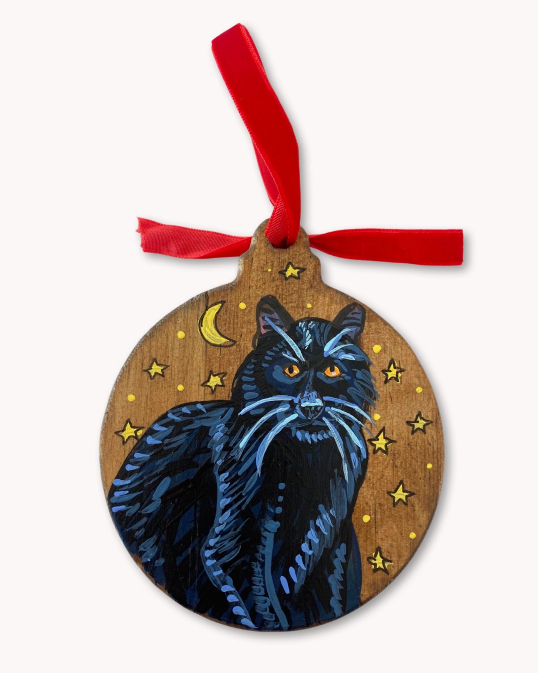 Long Hair Black Cat Hand Painted Ornament