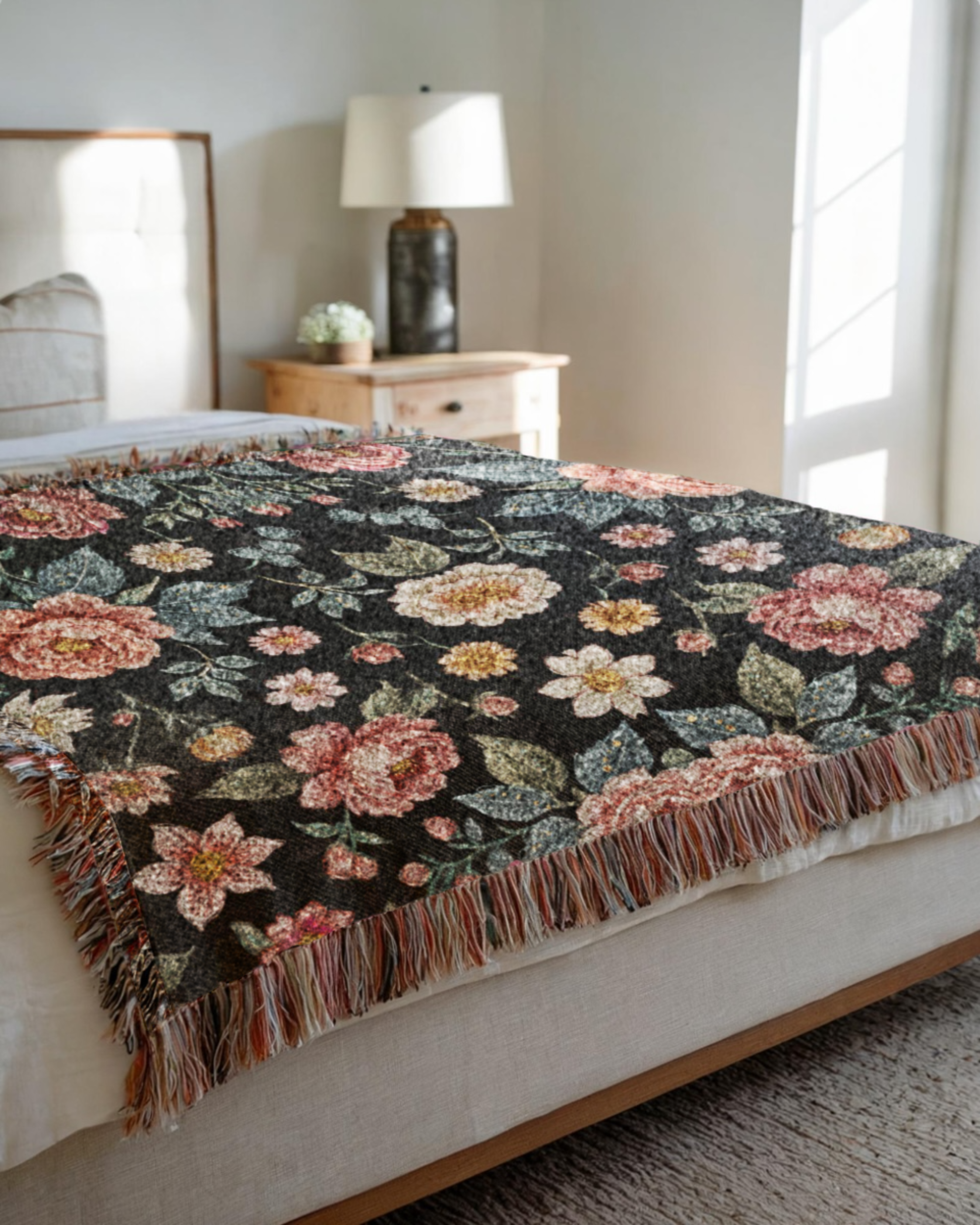 Black Vintage Floral Woven Blanket Tapestry