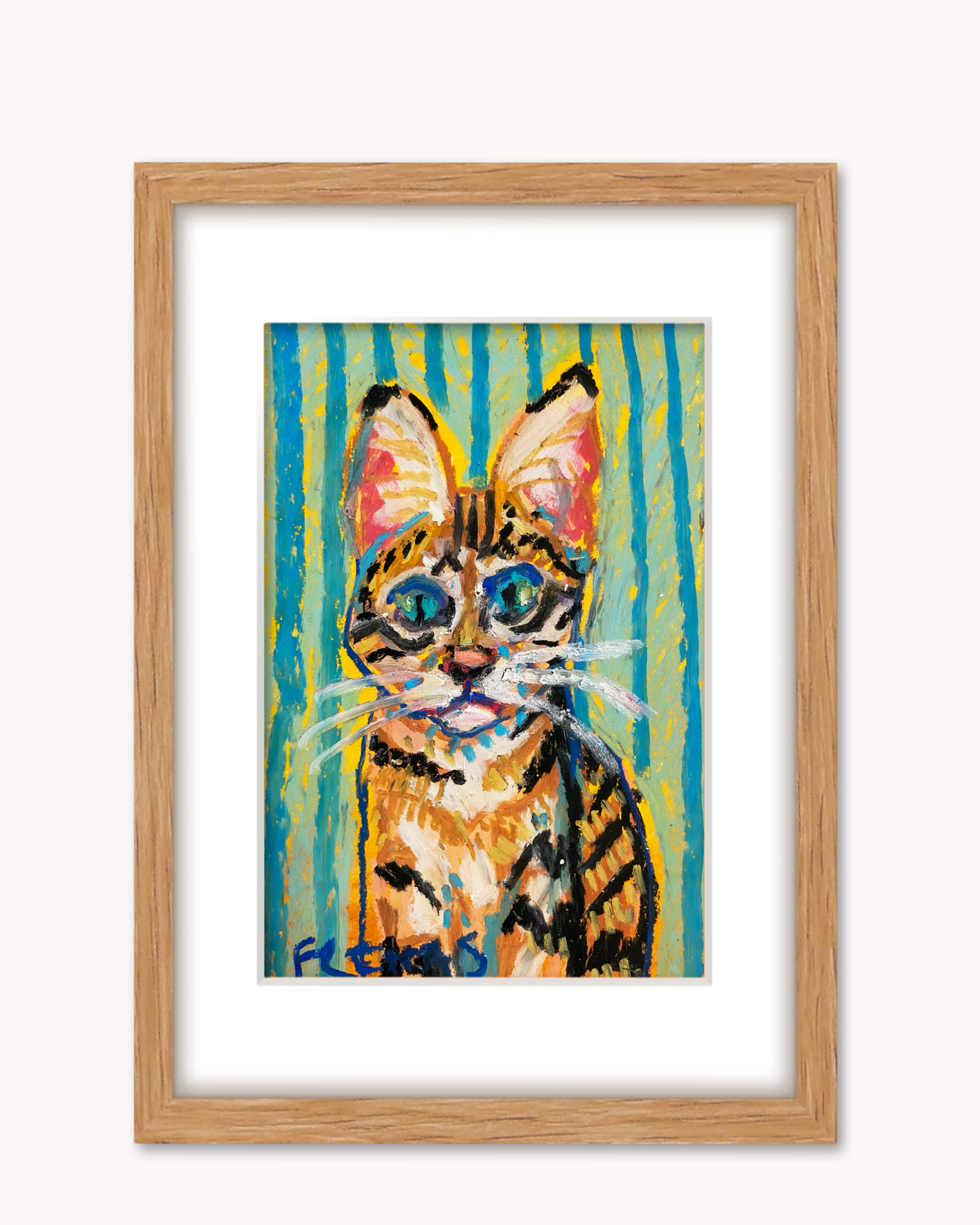 Savannah Cat ( Framed Original Oil Pastel Art )