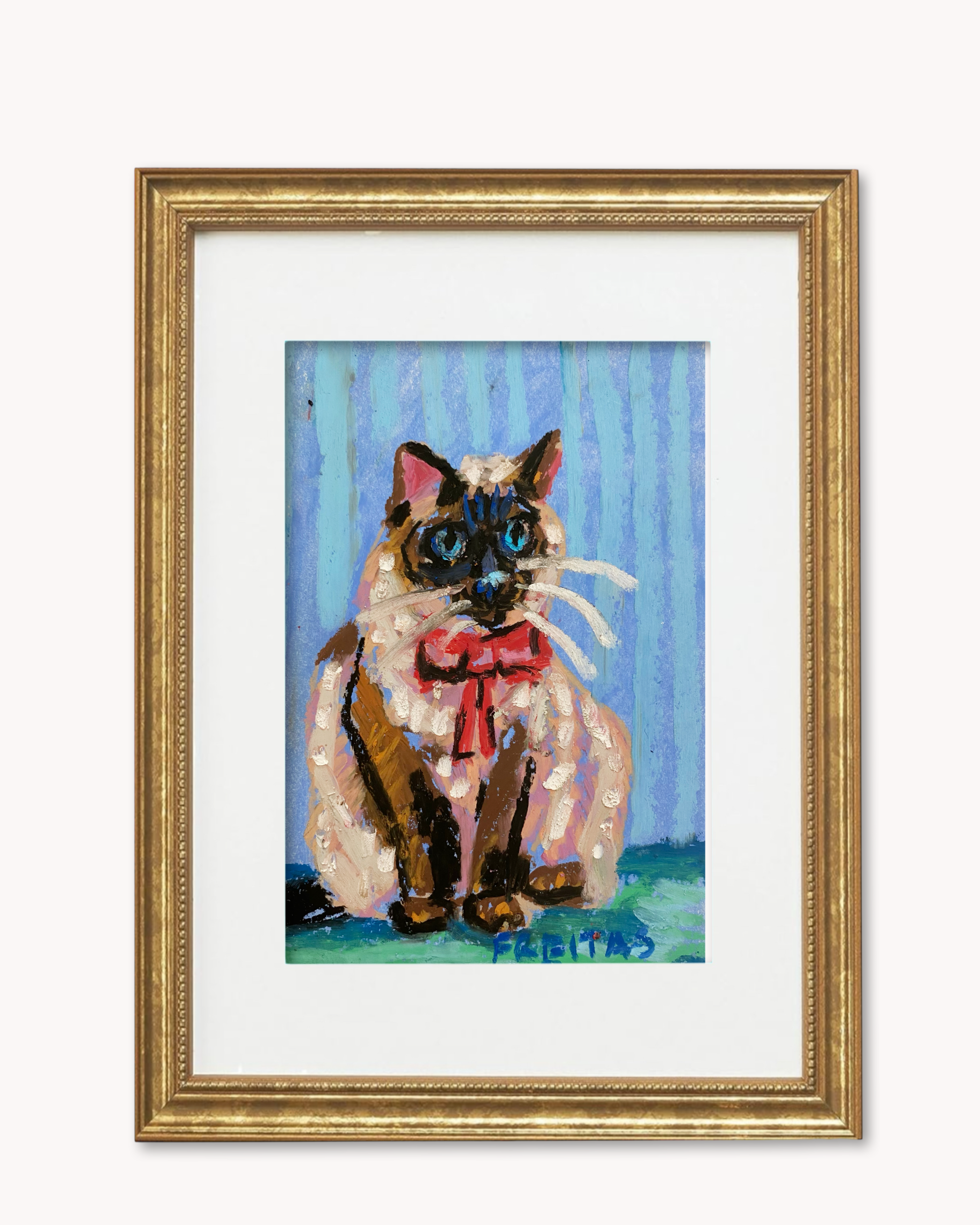 Seal Point Cat ( Framed Original Oil Pastel Art )