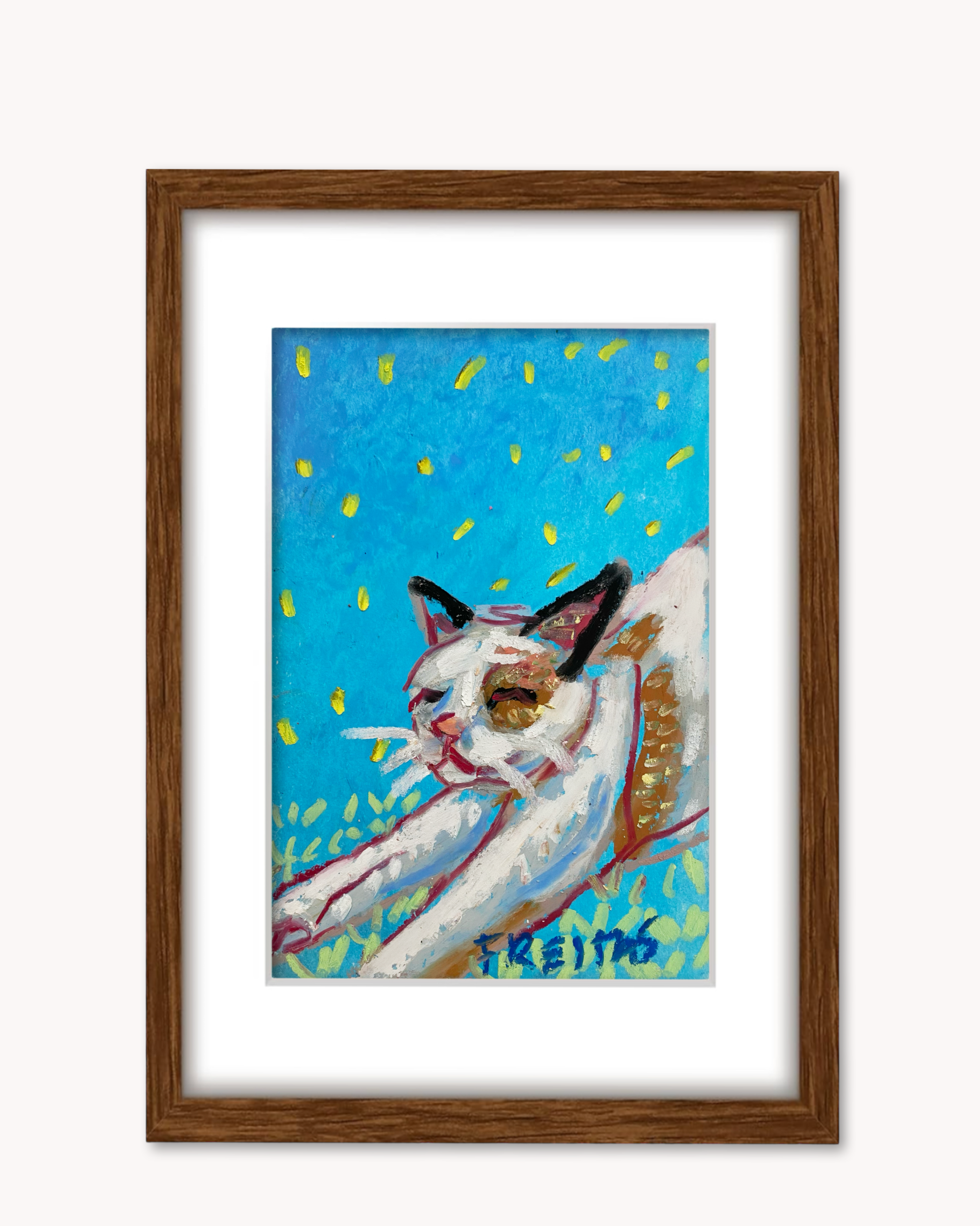 Stretching Cat ( Framed Original Oil Pastel Art )