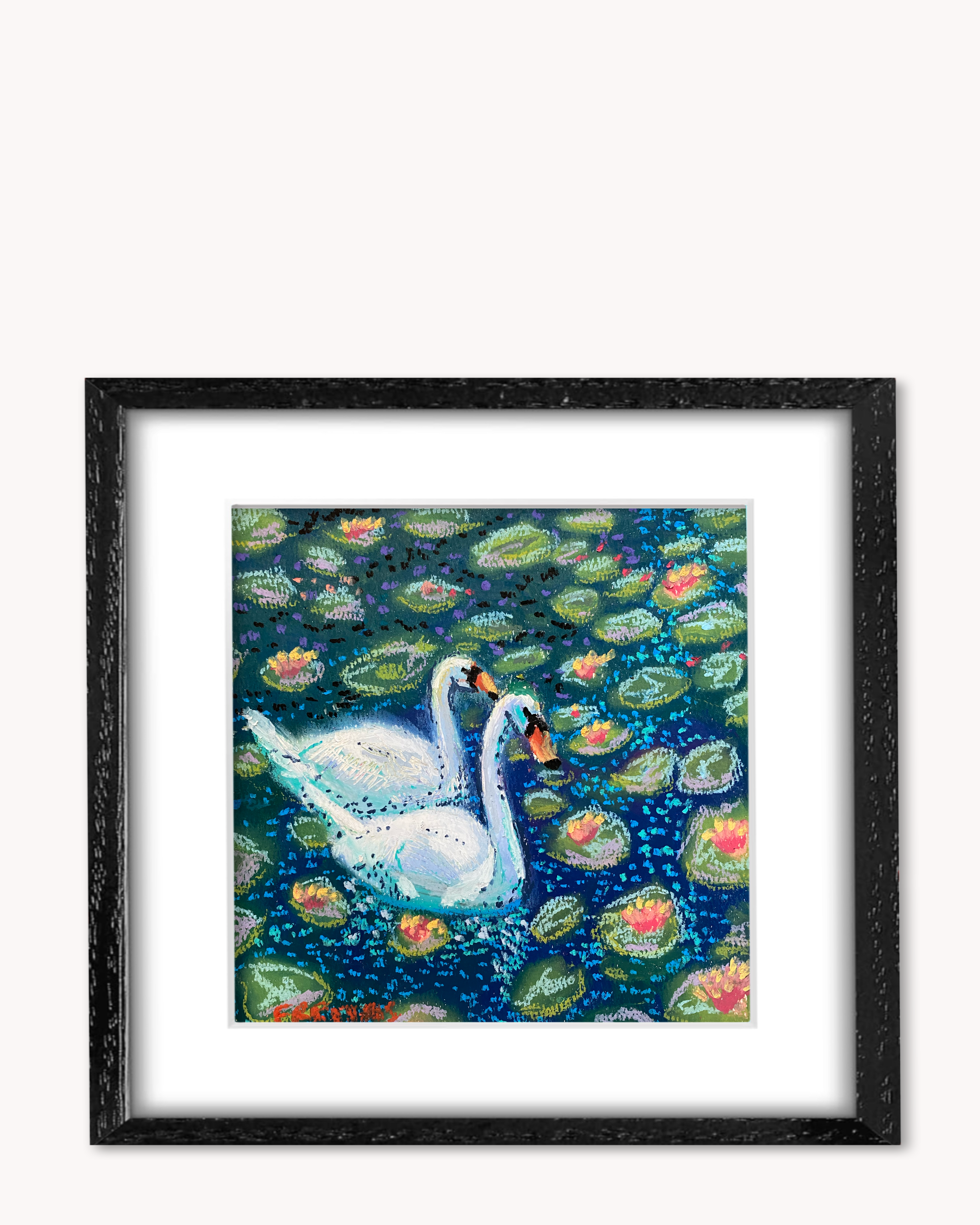 Two Swans ( Framed Original Oil Pastel Art )