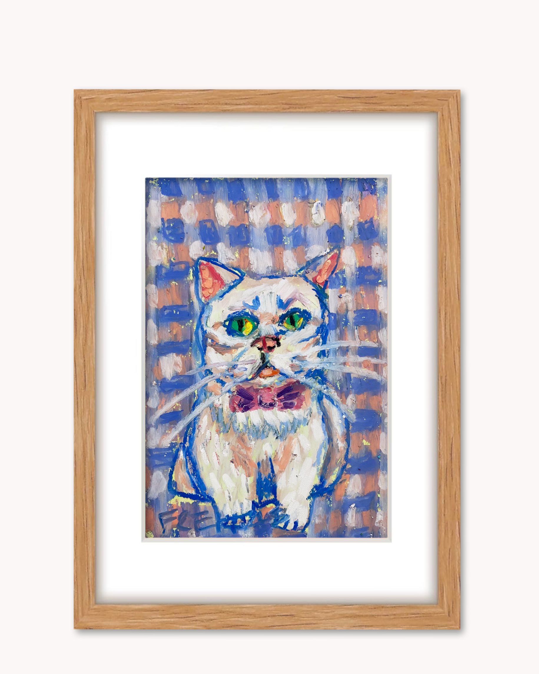 Chubby Plaid Cat ( Framed Original Oil Pastel Art )
