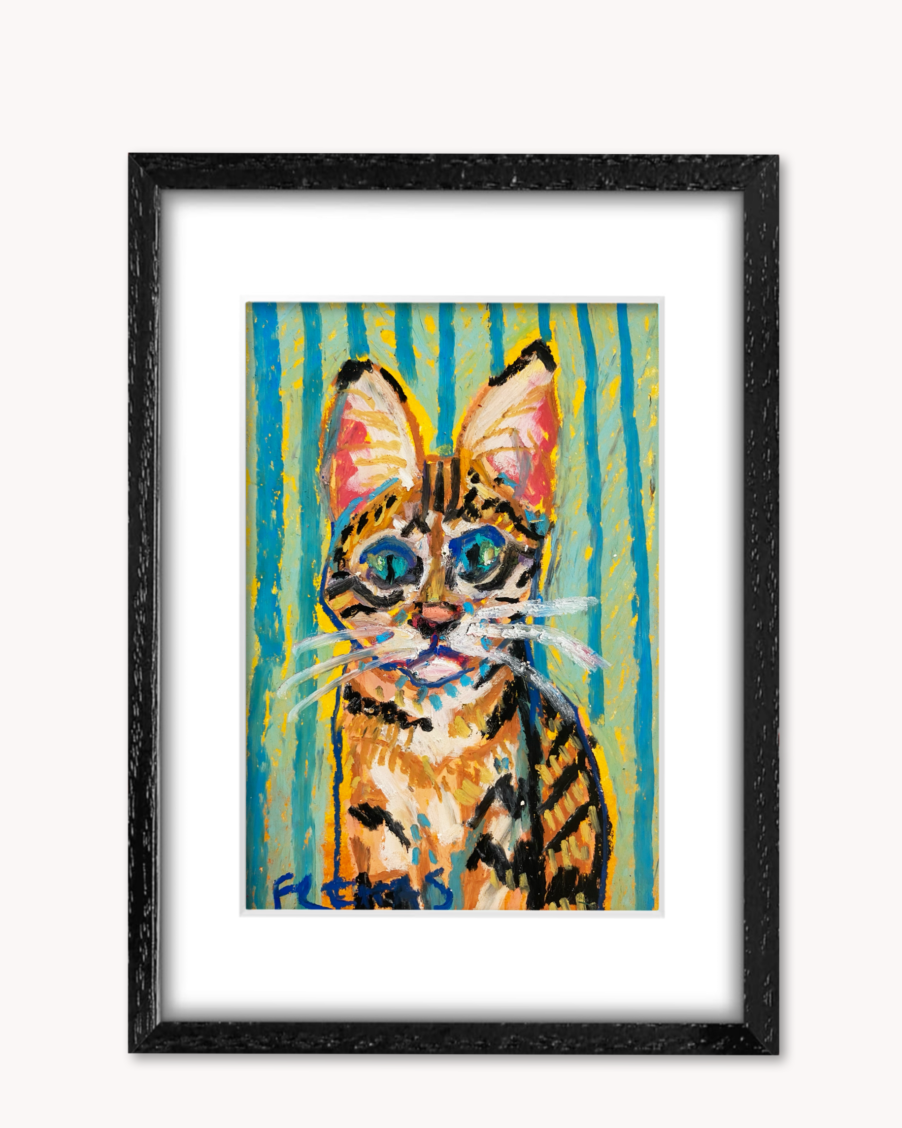 Savannah Cat ( Framed Original Oil Pastel Art )