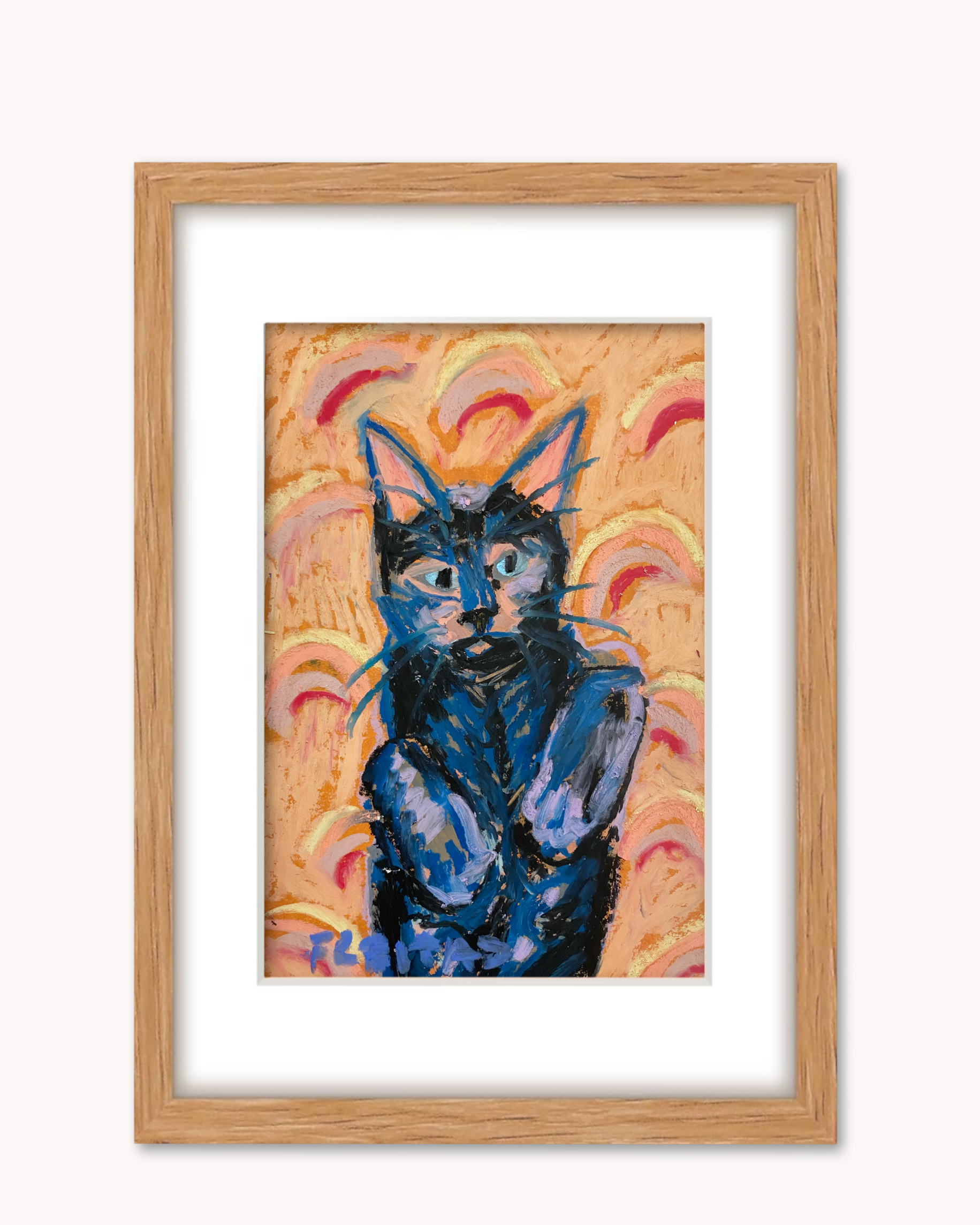 Rainbow Werewolf Cat ( Framed Original Oil Pastel Art )