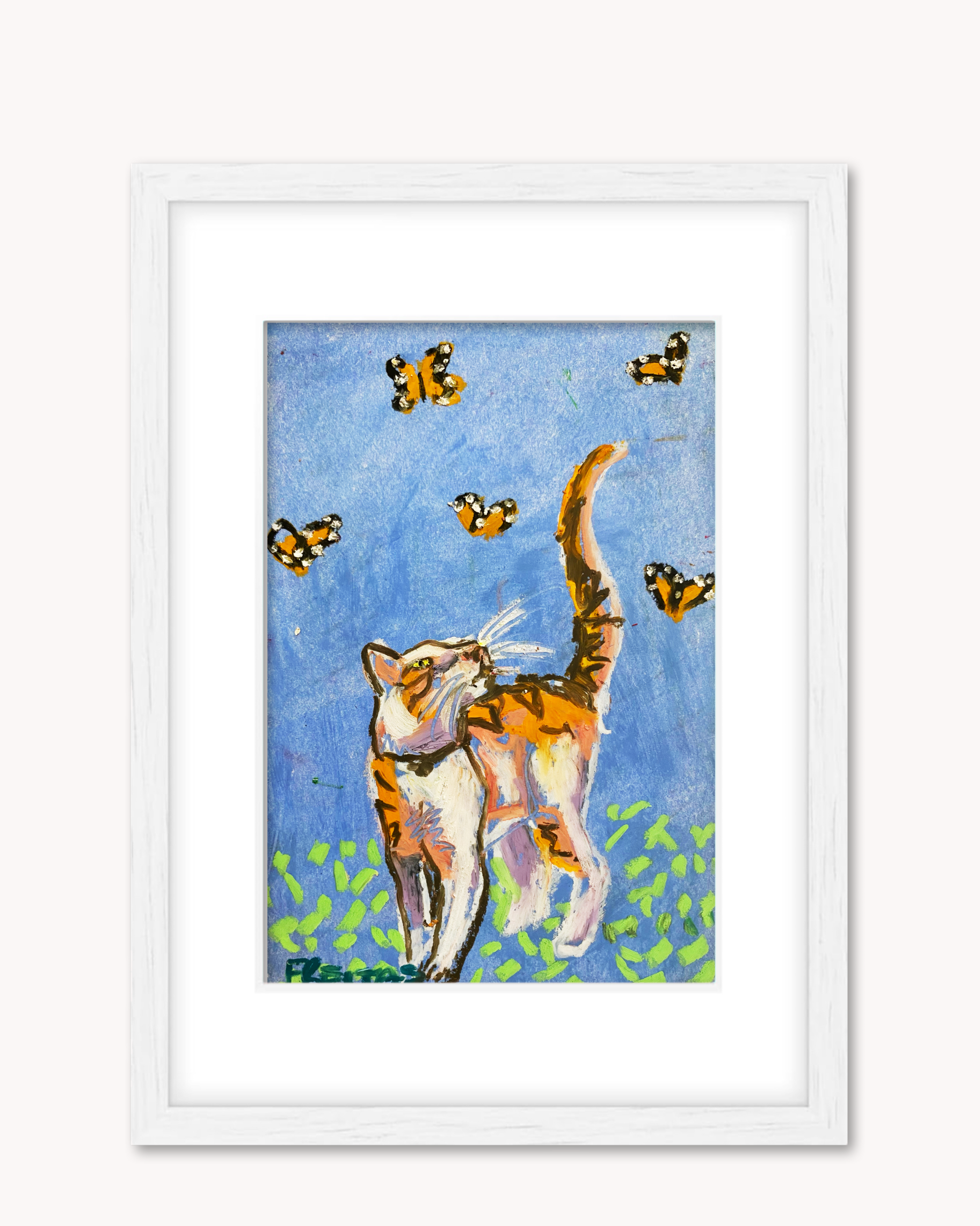 Orange Tabby & Monarchs ( Framed Original Oil Pastel Art )
