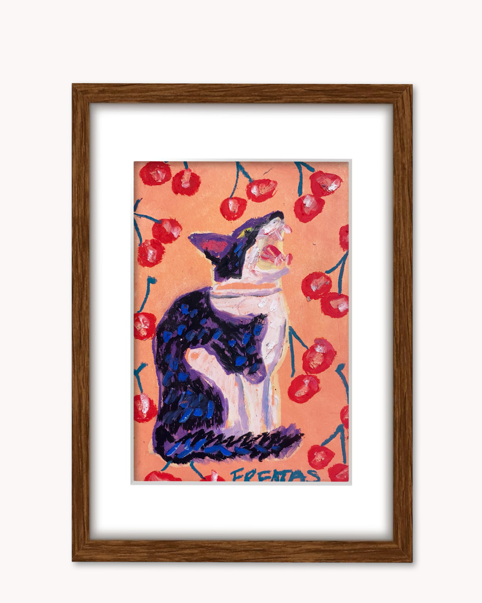 Cherry Bomb Cat ( Framed Original Oil Pastel Art )
