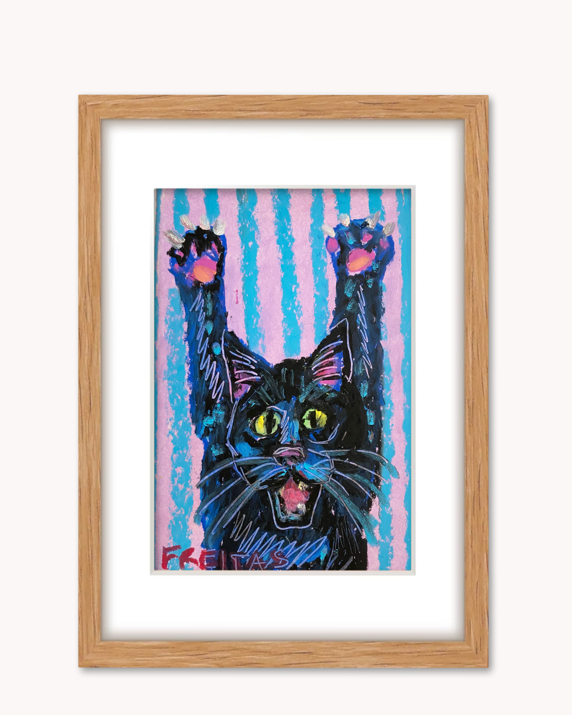 Black Cat Scratch ( Framed Original Oil Pastel Art )