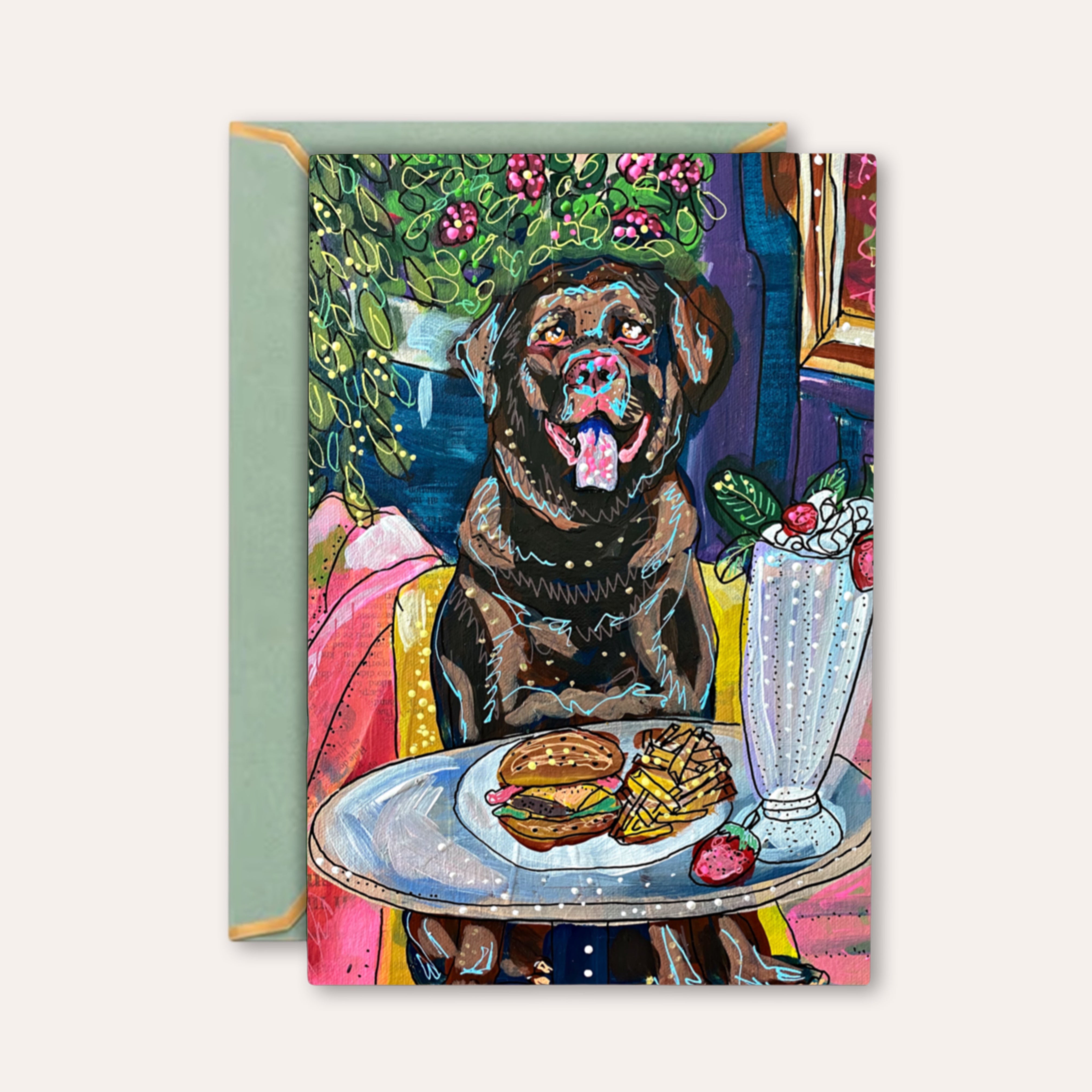 Chocolate Lab Dining - Greeting Card / Fine Art Print