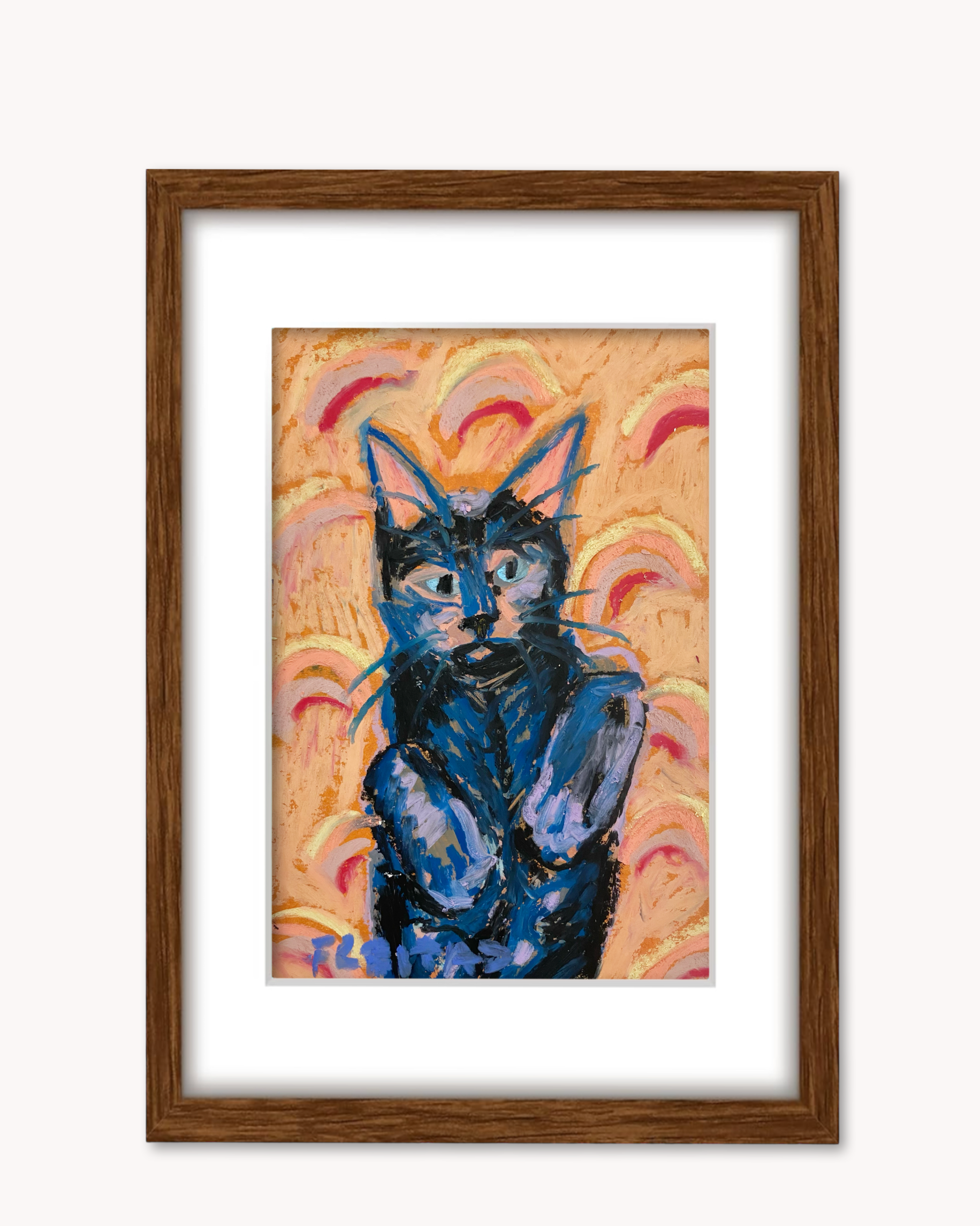 Rainbow Werewolf Cat ( Framed Original Oil Pastel Art )