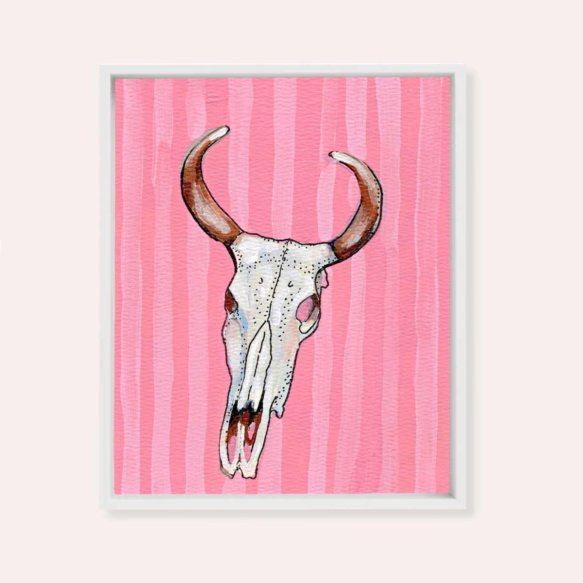 Pink Stripe Cow Skull Framed Fine Art Canvas Print