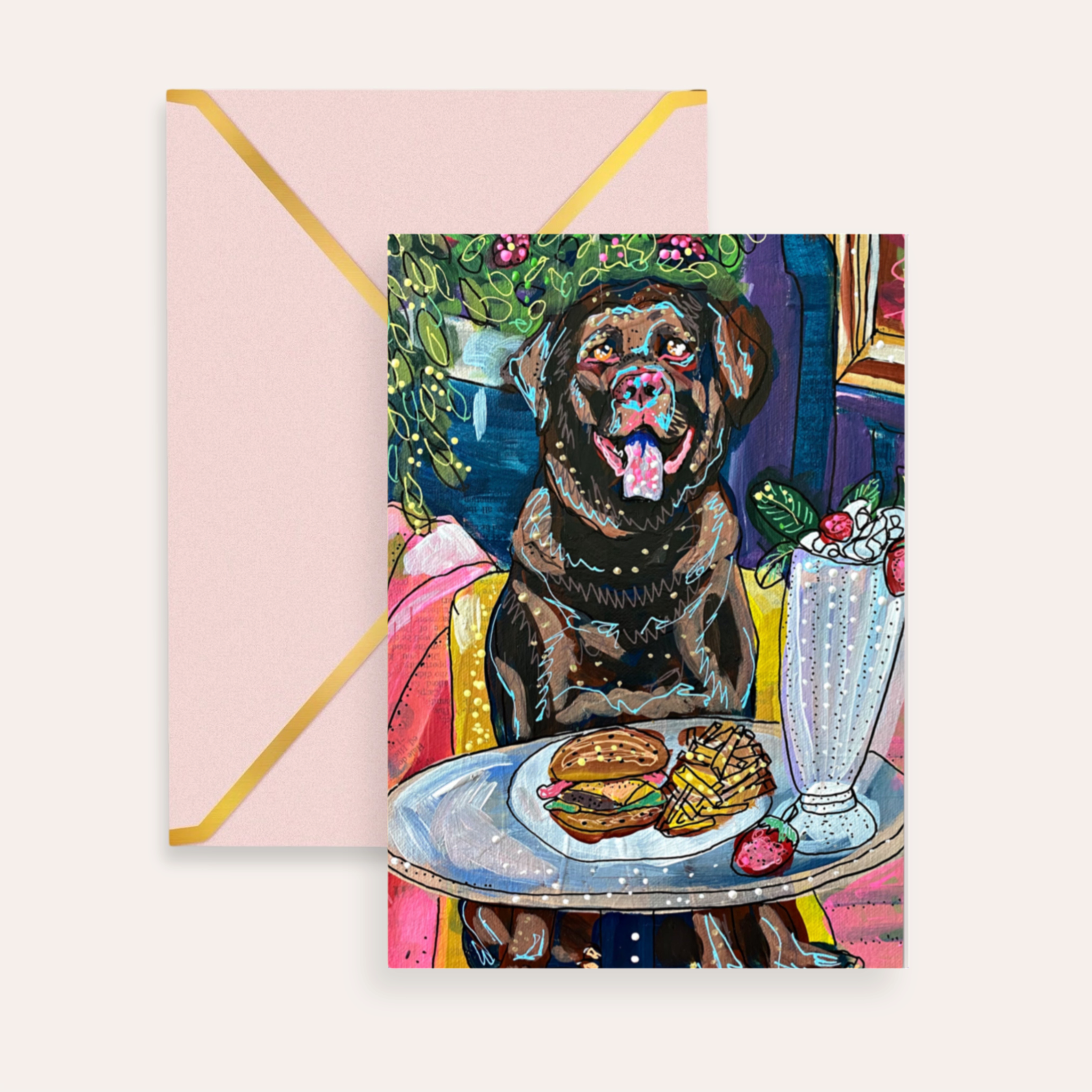 Chocolate Lab Dining Fine Art Greeting Card