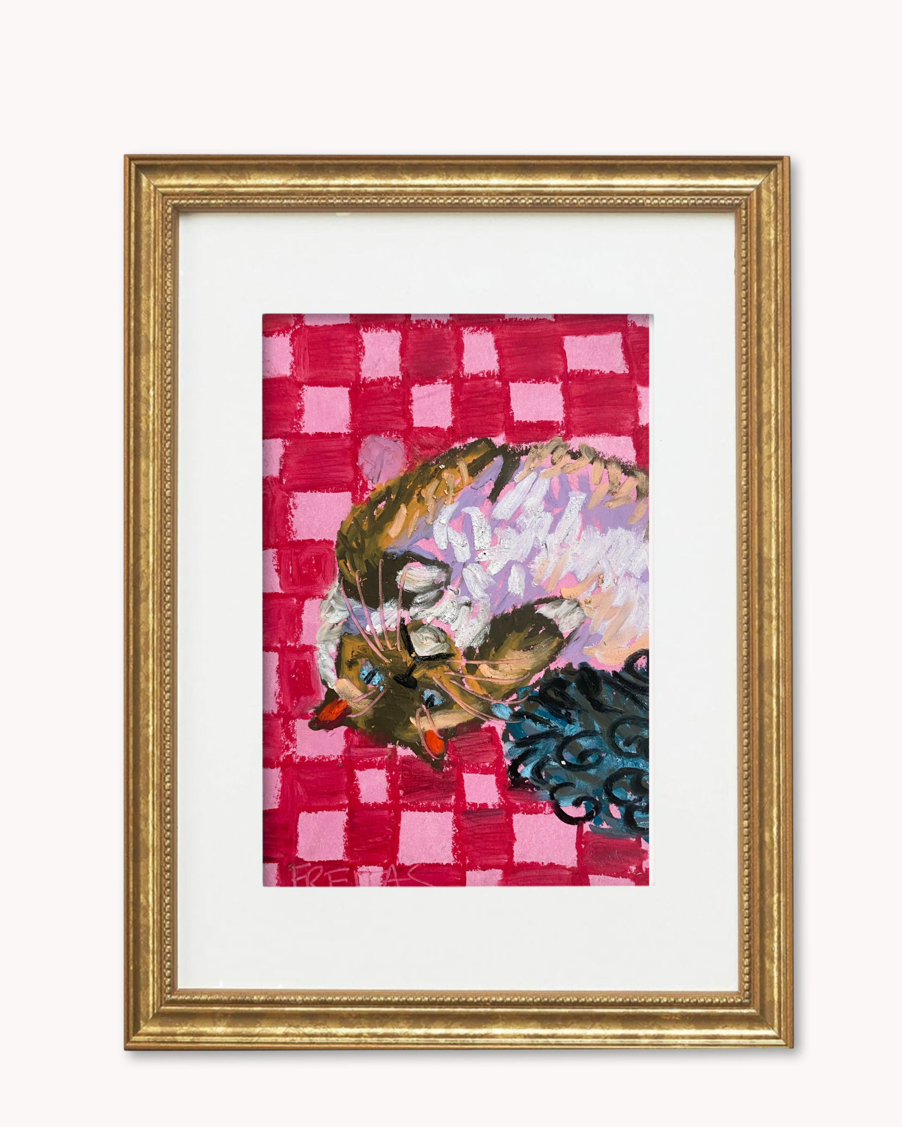 Check Cat ( Framed Original Oil Pastel Art )