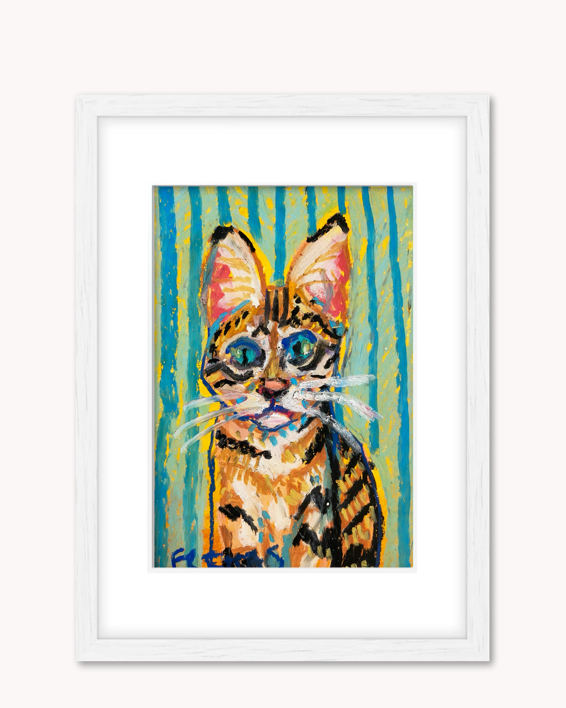 Savannah Cat ( Framed Original Oil Pastel Art )