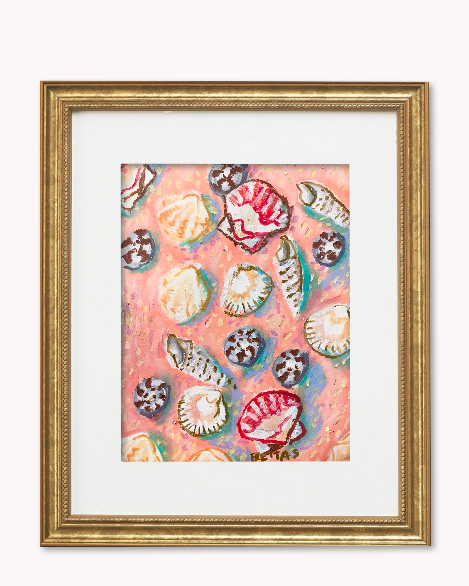 Pink Shells ( Framed Original Oil Pastel Art )