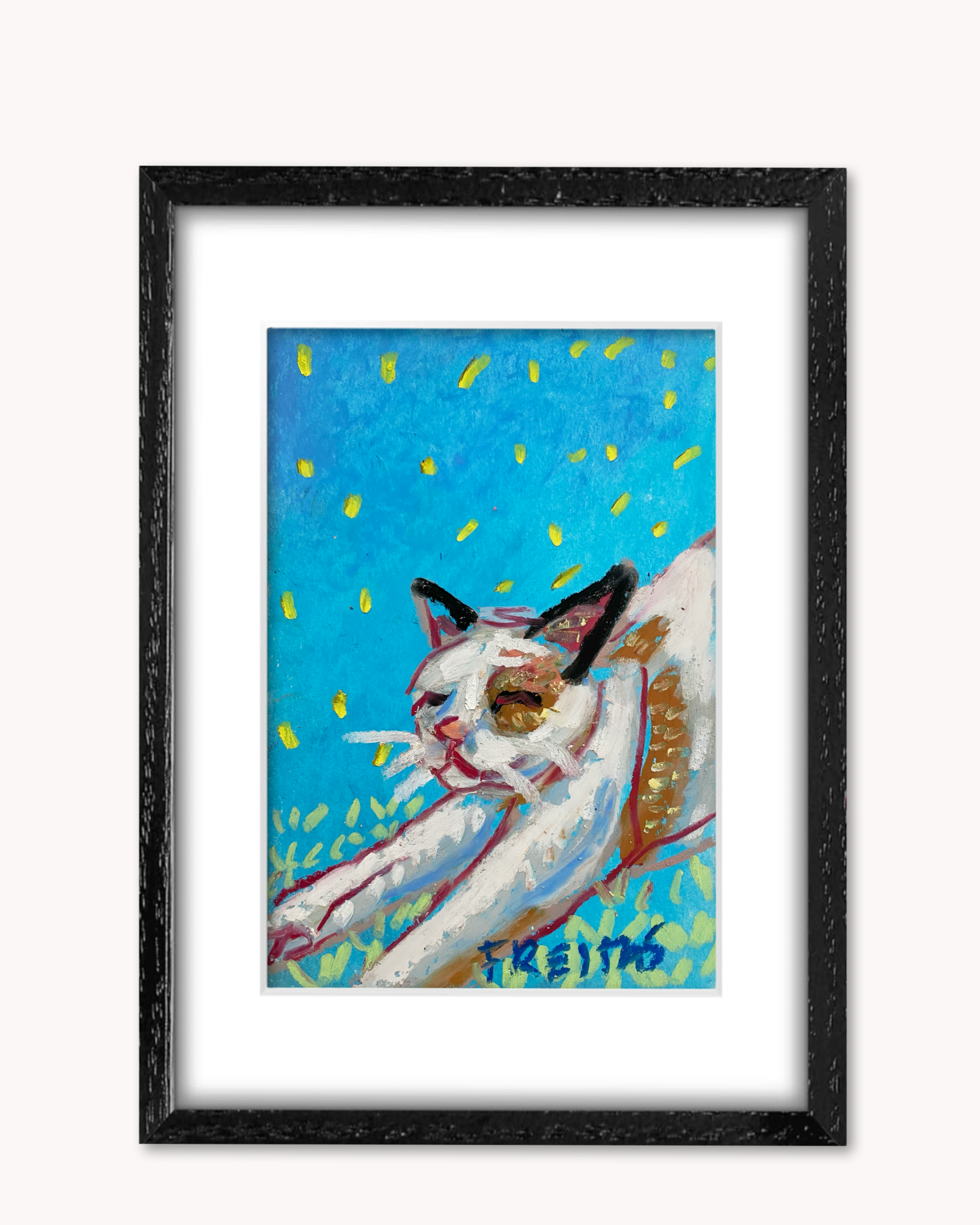 Stretching Cat ( Framed Original Oil Pastel Art )
