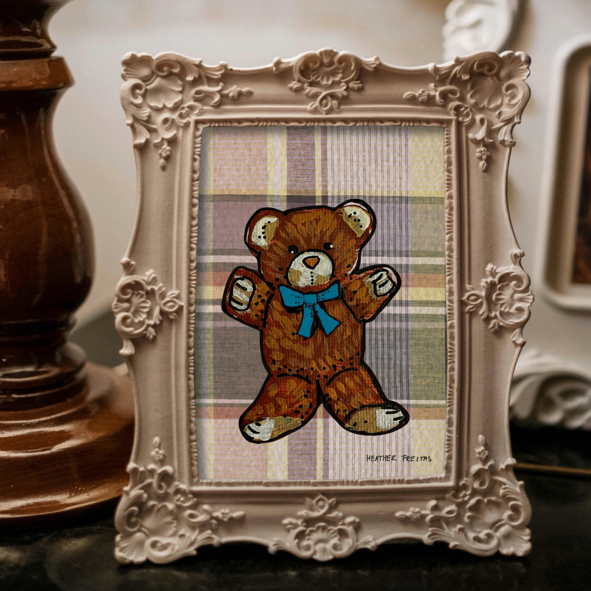 Teddy Bear With Blue Bow Mini Fine Art Print