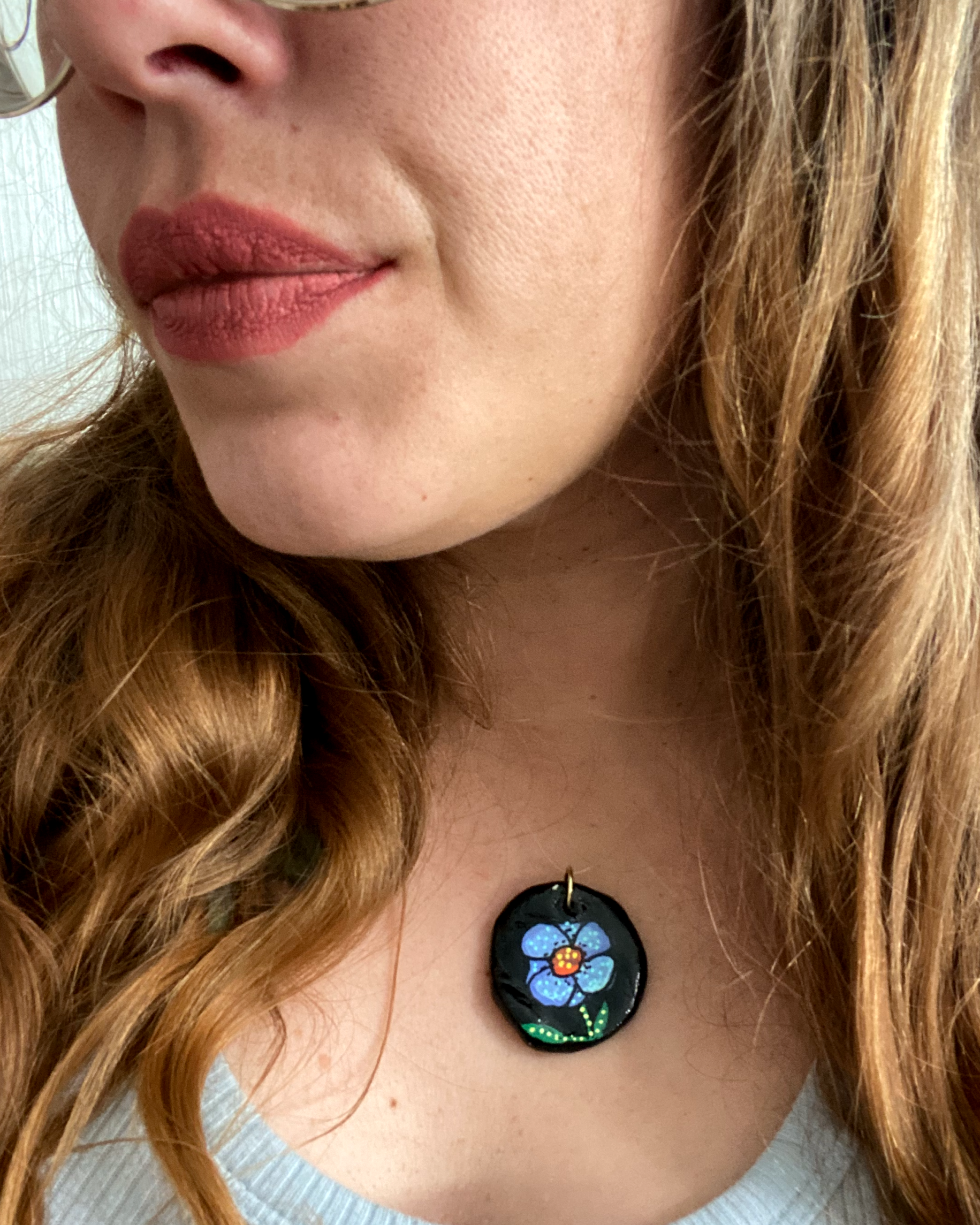 Black With Blue Flower Hand Painted Pendant