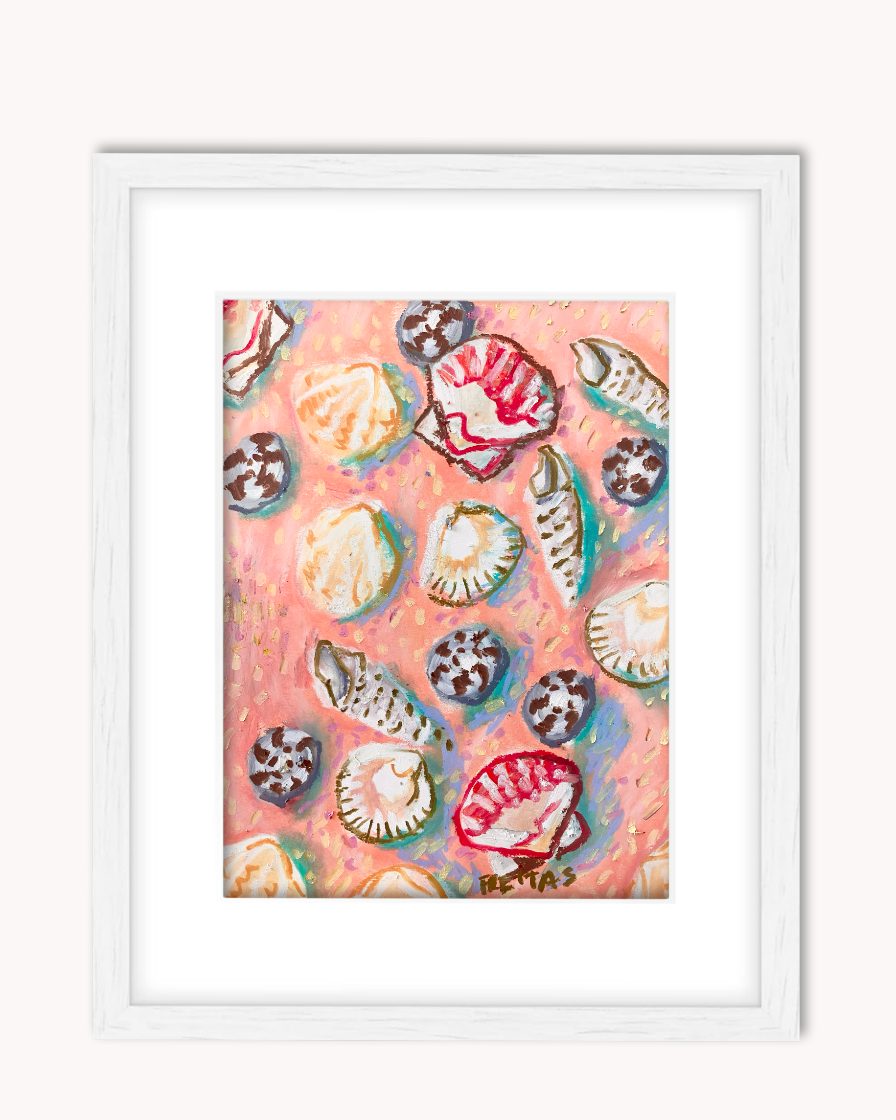 Pink Shells ( Framed Original Oil Pastel Art )