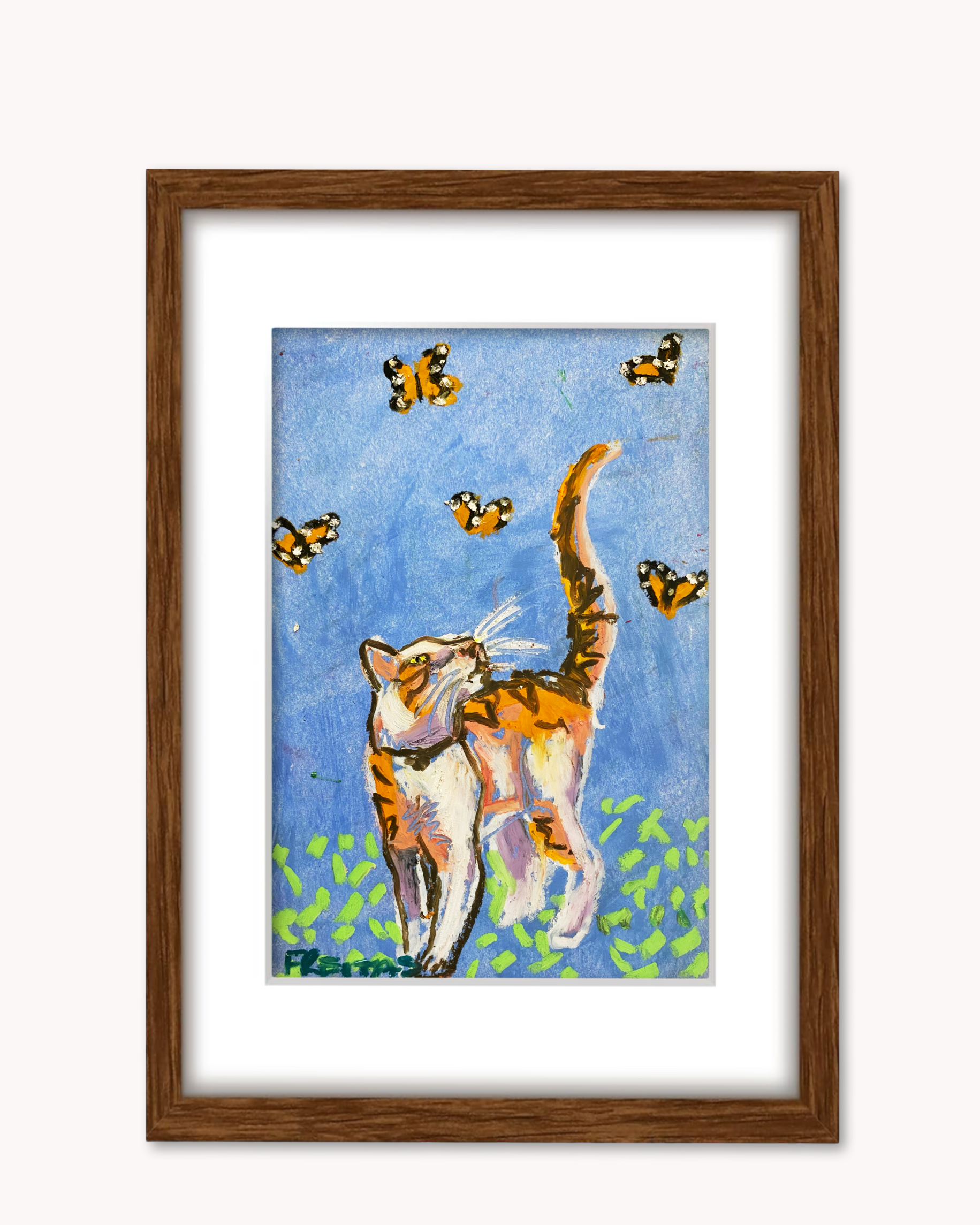 Orange Tabby & Monarchs ( Framed Original Oil Pastel Art )